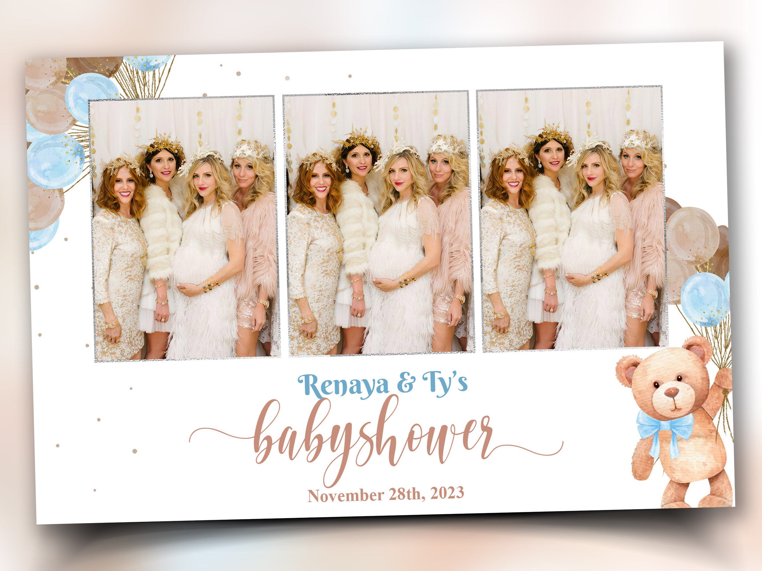 Baby Shower Photo booth Template 4x6 Teddy Bear Babyshower it's a boy sky blue brown tan balloons 1st birthday mirror booth Template PSD BS1