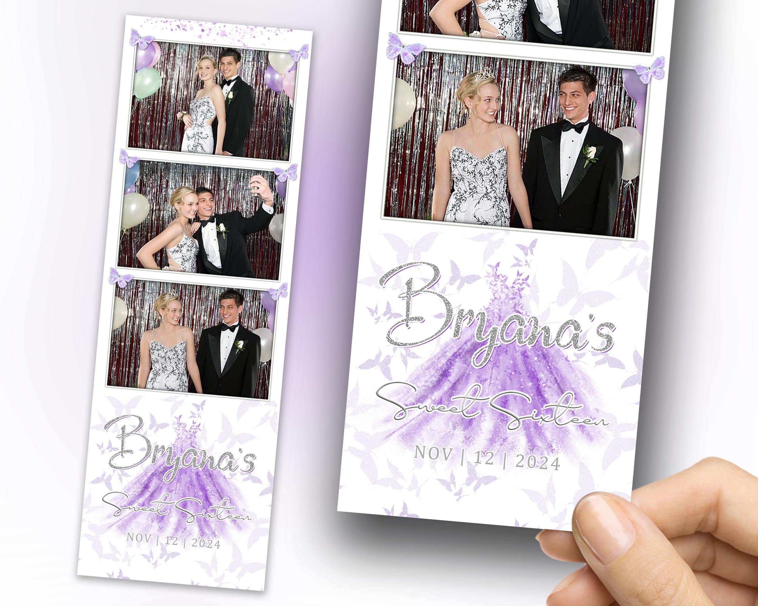 Butterfly Quinceanera Sweet 16 Birthday Purple Floral Photo Booth Template Flower Greenery Gold Wedding Anniversary Bridal Shower Editable