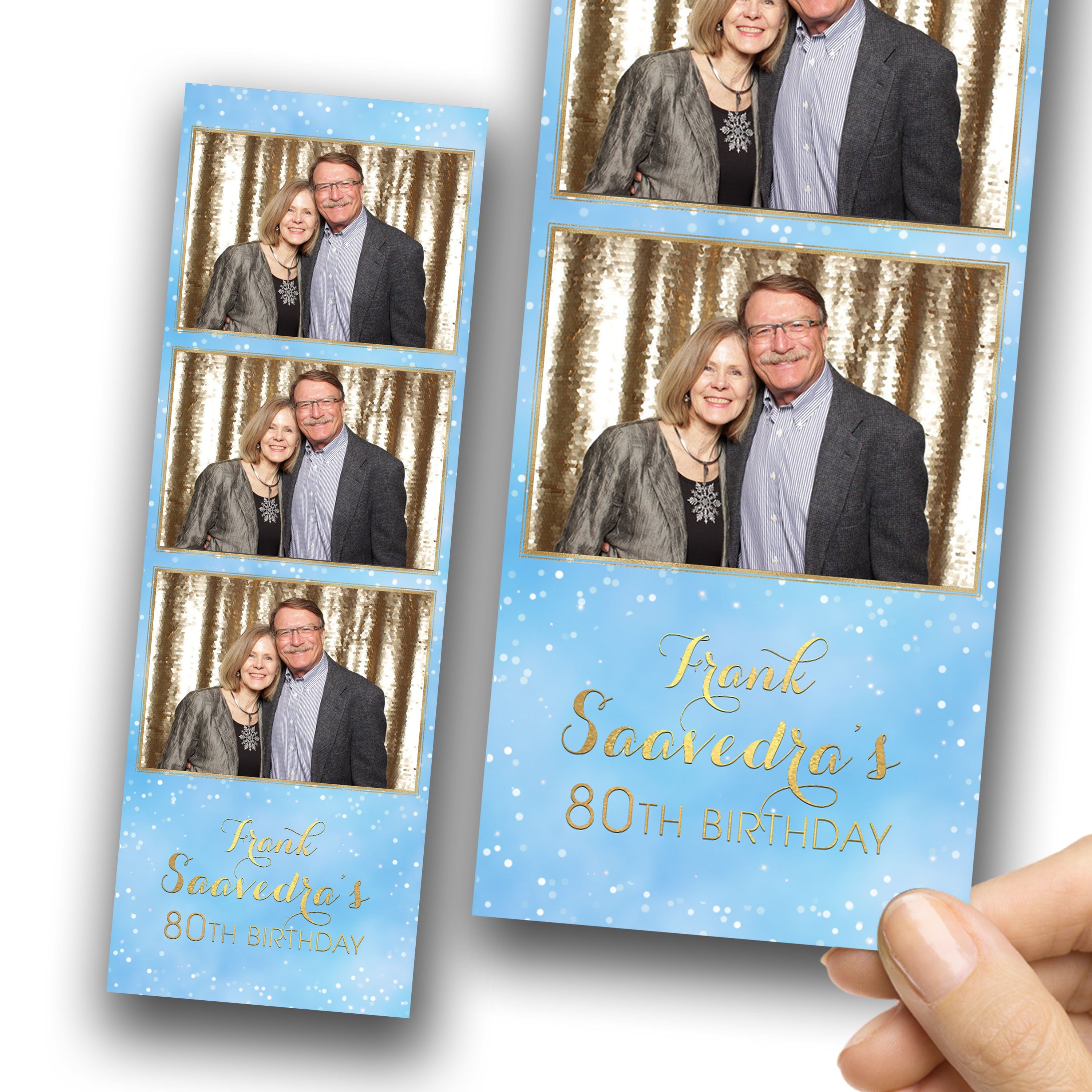 Birthday Sweet 16 Light Blue Color Gold Anniversary Photo Booth Template 2x6 Strip Photobooth