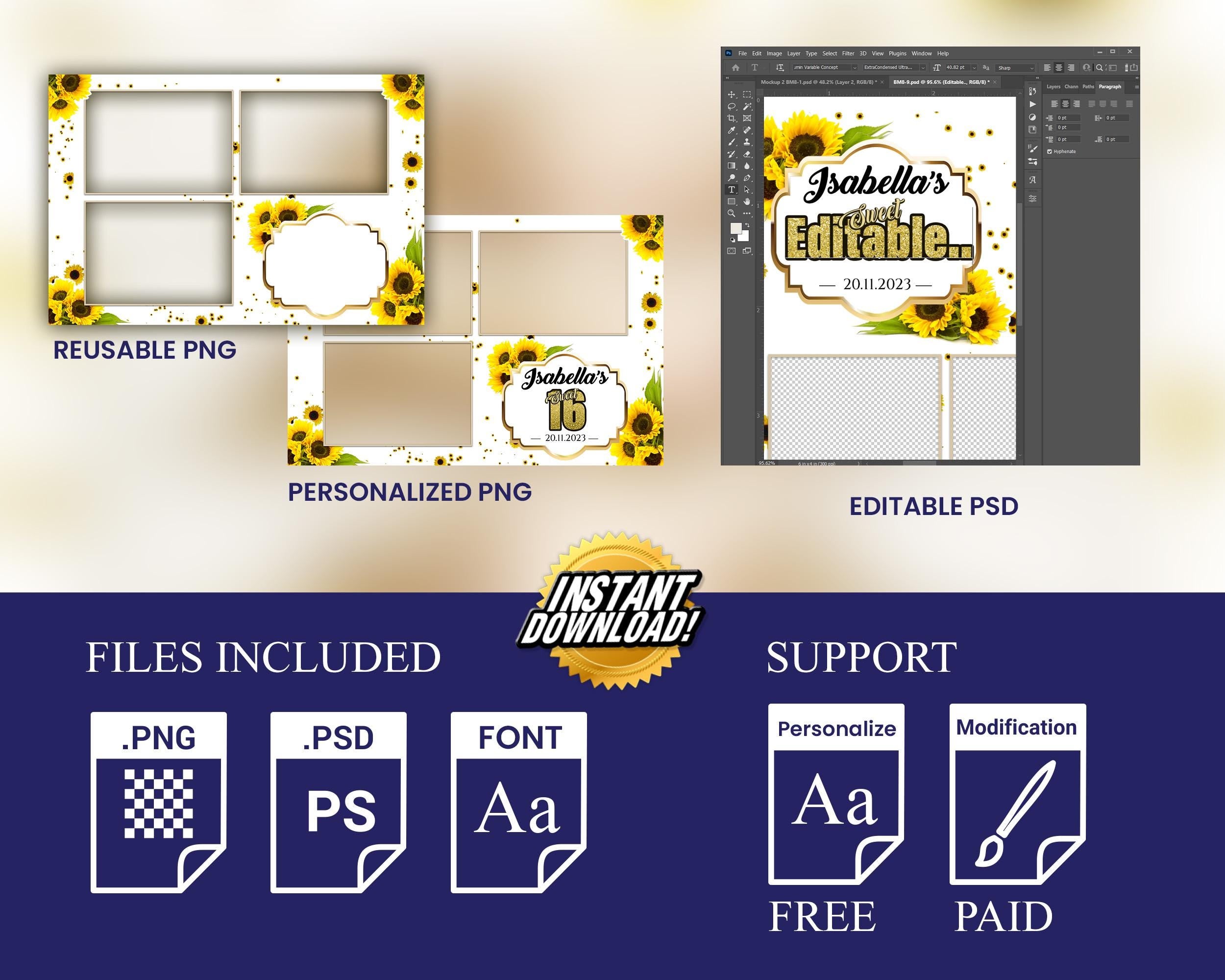 Sunflower Birthday Photobooth Template 4x6 3 shot Sweet 16 Quinceañera mirror booth template with gold glitter mis quince - layout 8 BM8