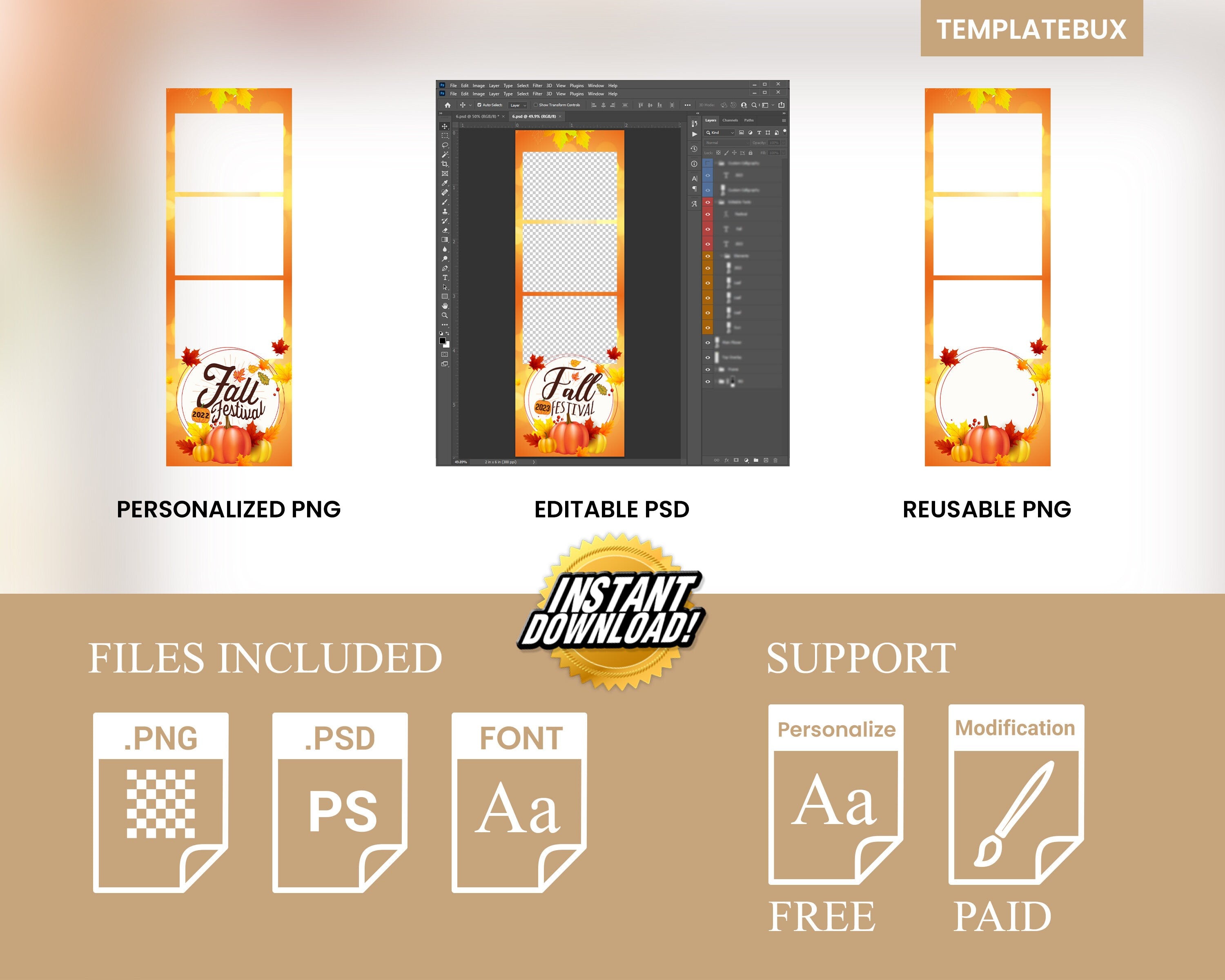 Thanksgiving & Fall Festival 2x6 photo booth template orange pumpkin theme 3 photo strip layout for DSLR booth darkroom booth psd png F8