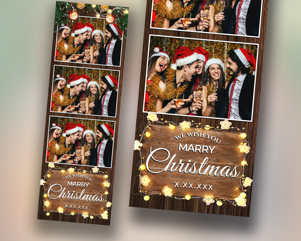Christmas Photobooth Template 2024 Happy Holidays New Year Wooden and Greenery with Lights 2x6 Strip 3 Photo Xmas Photo booth Template CM4