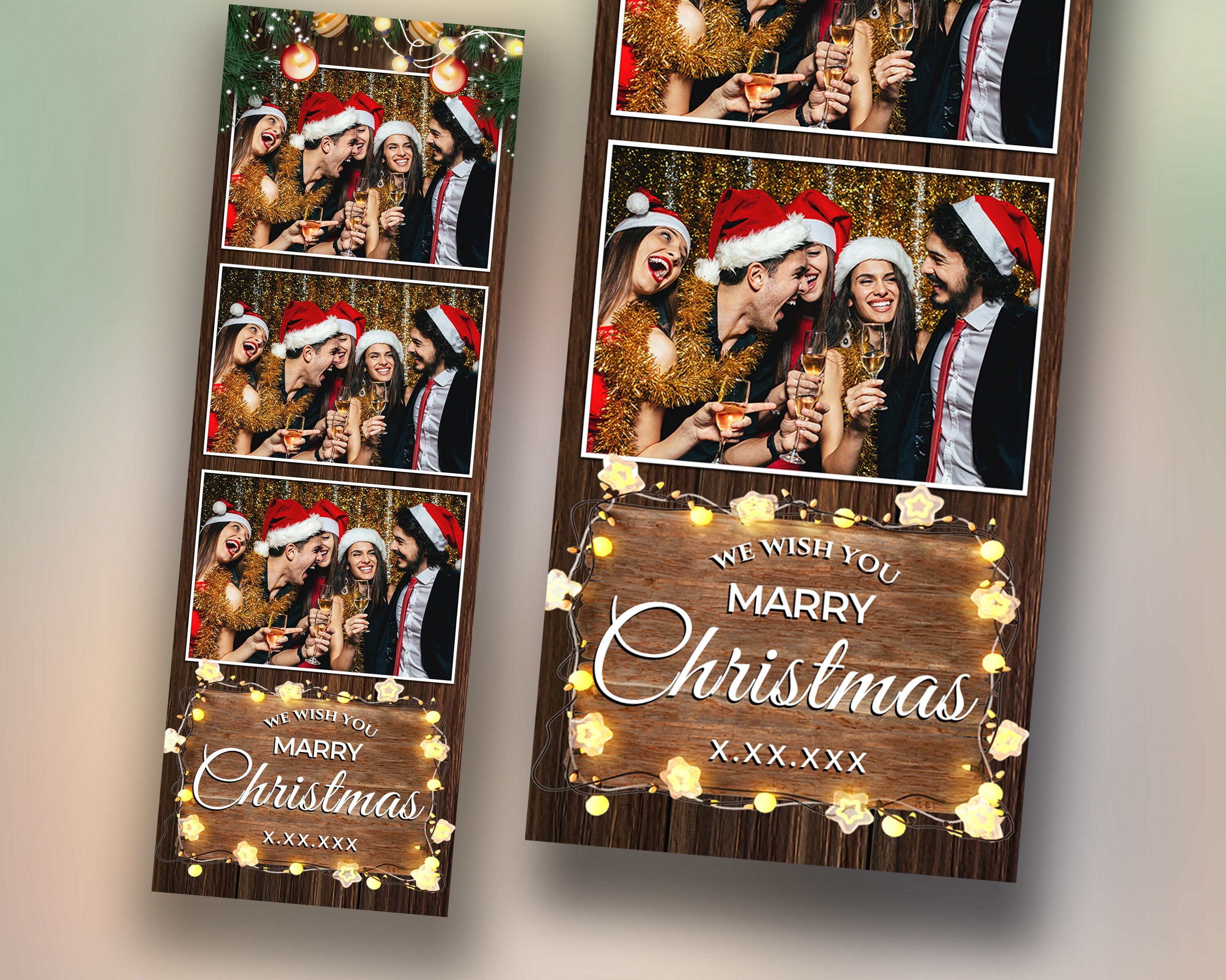 Christmas Photobooth Template 2024 Happy Holidays New Year Wooden and Greenery with Lights 2x6 Strip 3 Photo Xmas Photo booth Template CM4