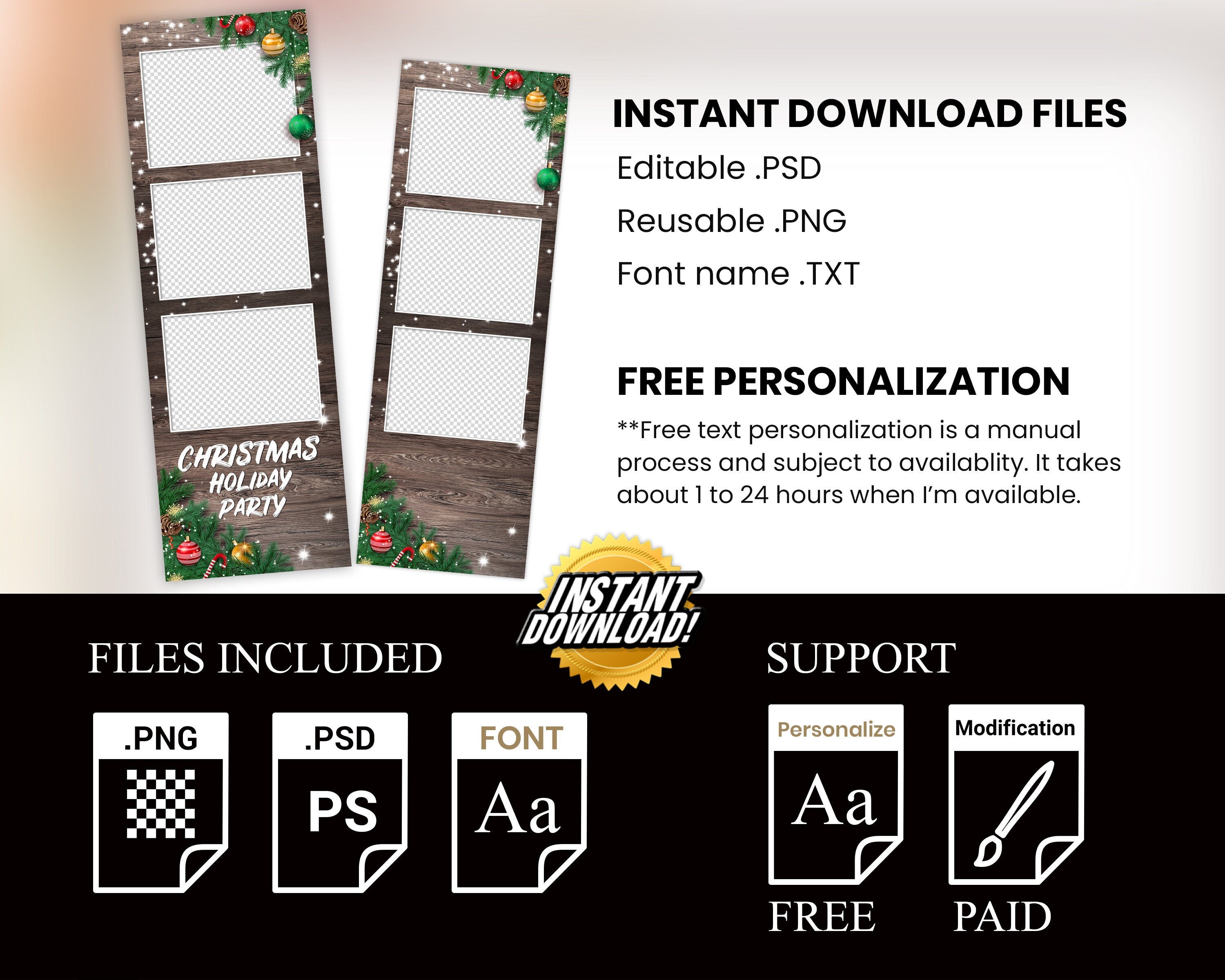 Christmas Photobooth Template Merry Christmas and New Year Strip Winter Wonderland and Holiday Photobooth Template Gold Black Silver 2x6