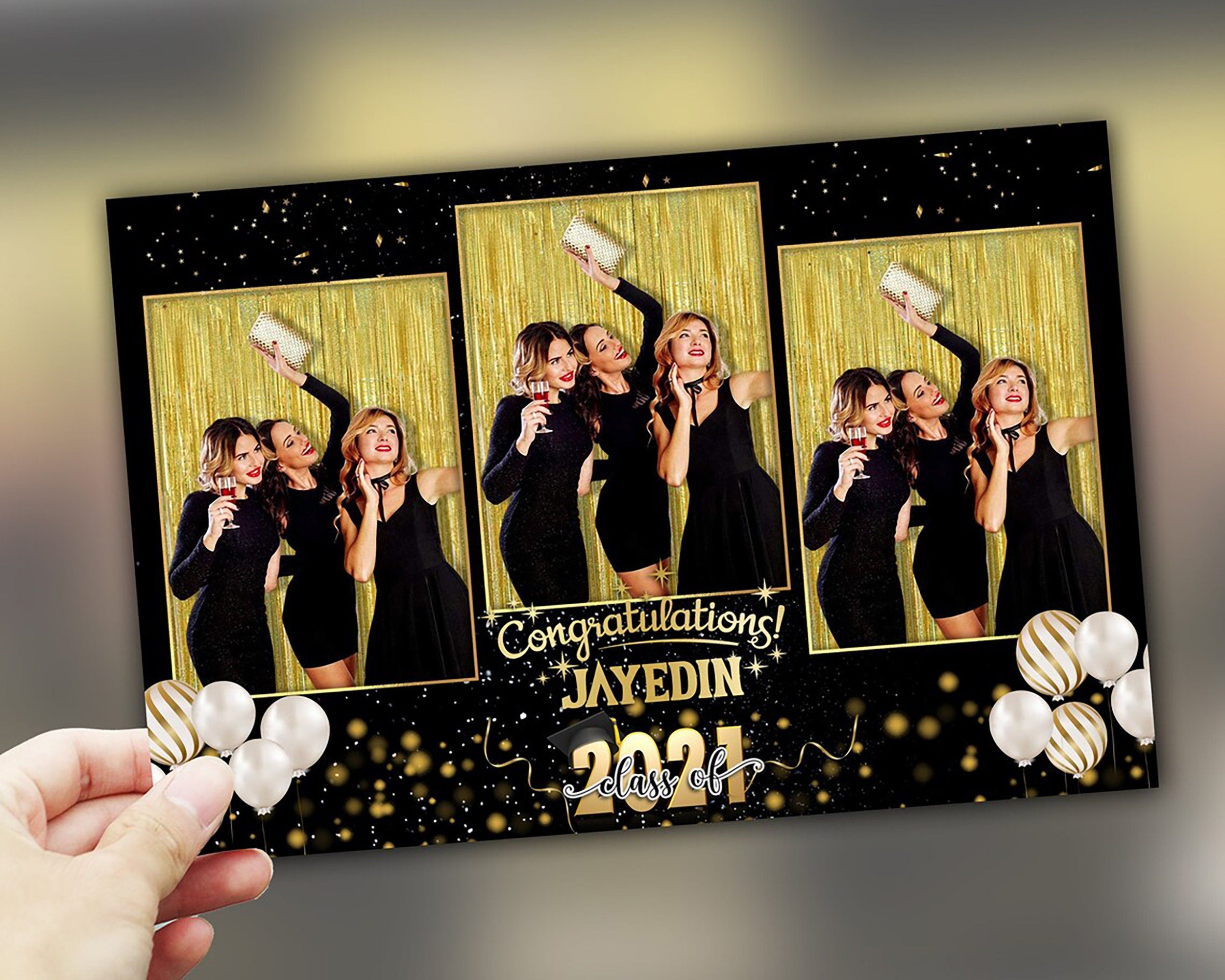 Class of 2023 Black & Gold Graduation Photobooth Template Stylish Elegant 4x6 Mirror Booth Triple shot photo booth template PSD PNG Fonts