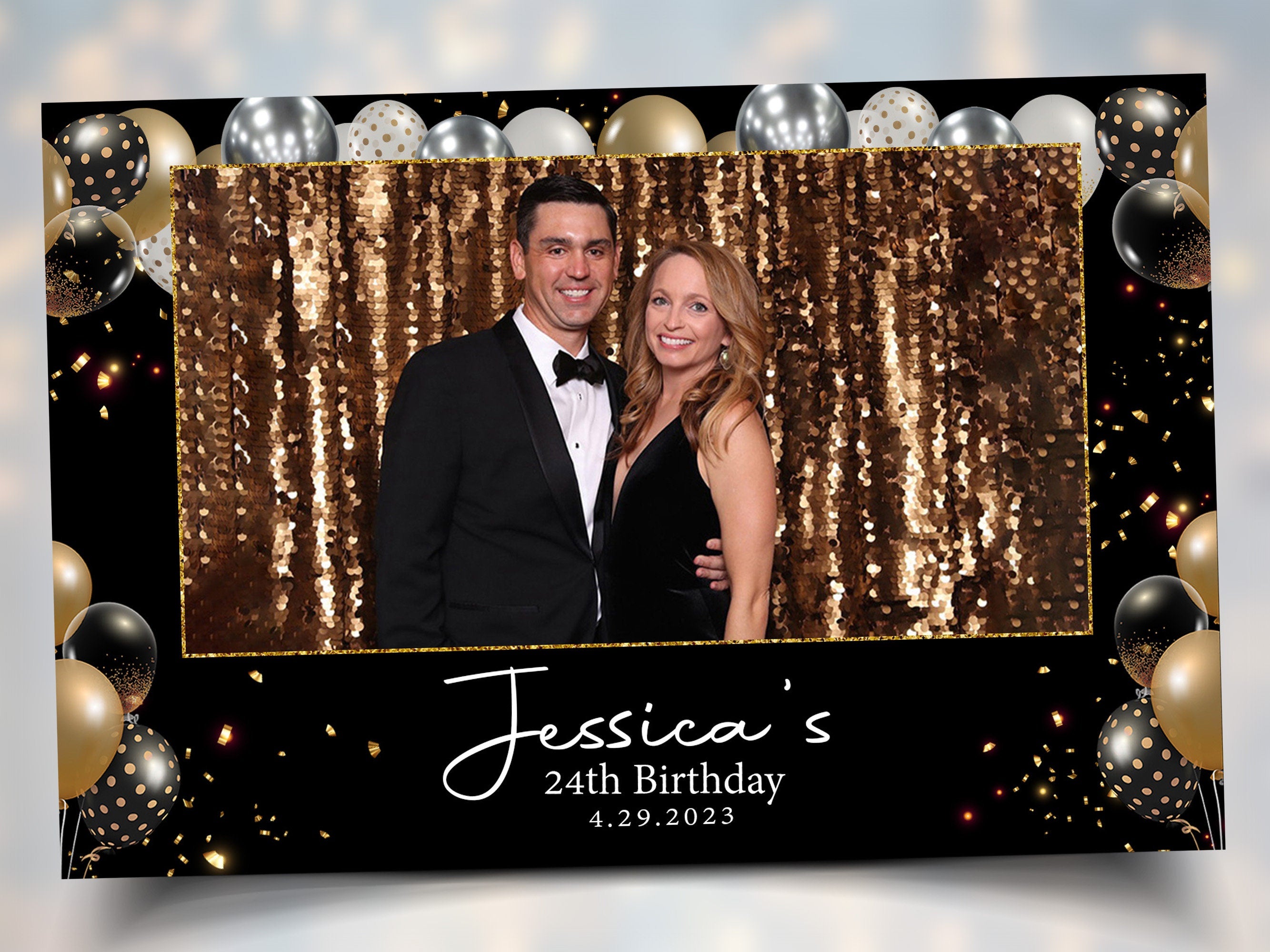 Birthday Photobooth Template Black Gold and Silver balloons 4x6 Landscape Mirror Booth single 1 photo Sweet 16 Photo Booth Template BM2