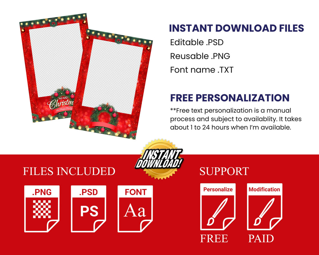 Christmas Photobooth Template, 4x6 portrait single 1 photo Merry Christmas and New Year 2024 Xmas Green & Red for mirror booth and PSD PNG