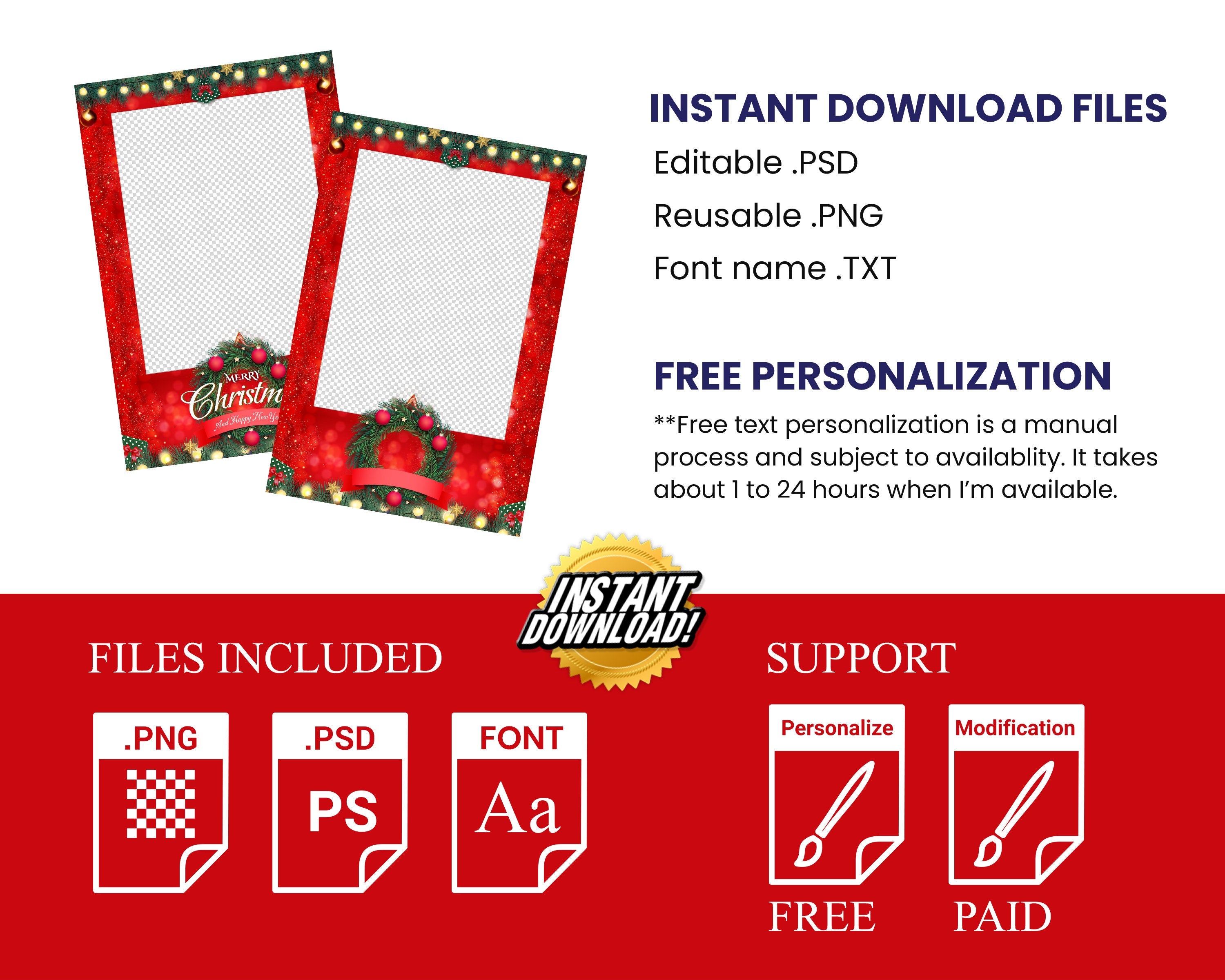 Christmas Photobooth Template, 4x6 portrait single 1 photo Merry Christmas and New Year 2024 Xmas Green & Red for mirror booth and PSD PNG