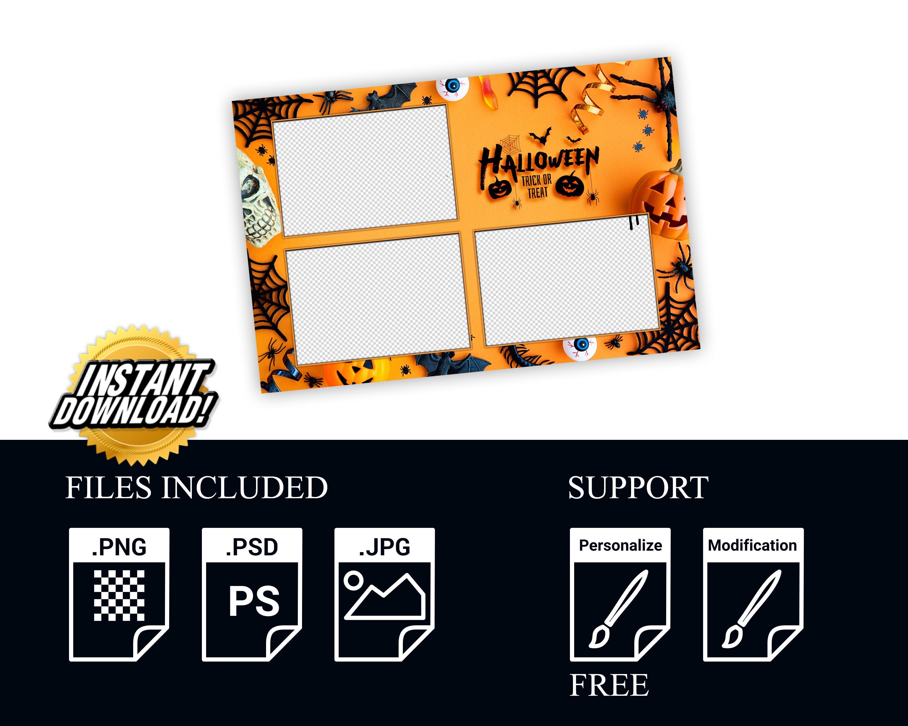 Halloween Photobooth Template 4x6 Trick or Treat Party 2024 Orange Yellow Black Photo booth Pumpkin Template postcard 3 shots PSD PNG Font