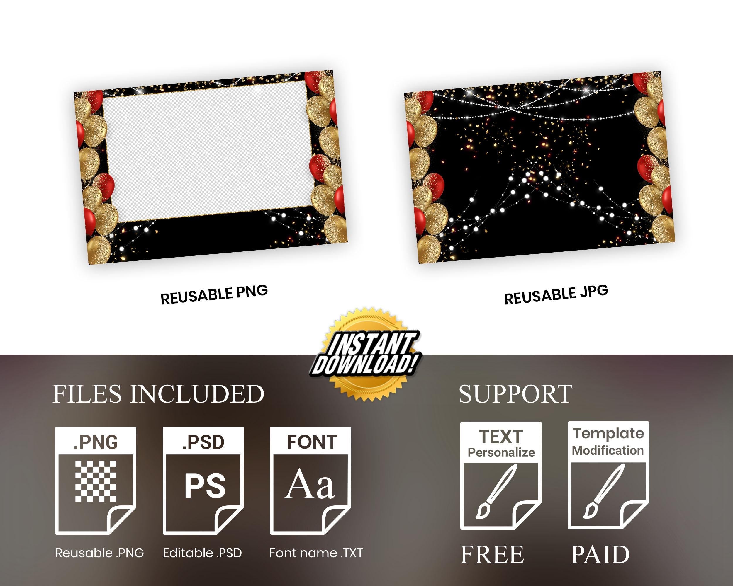 Birthday Photobooth Template Red Gold Balloon, Birthday Photo Booth Template, Bday 1051