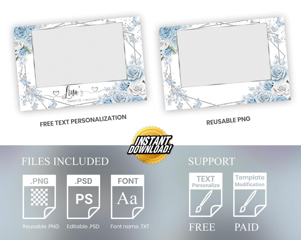 Quinceañera Photobooth, Sweet 16 Photo Booth, Birthday, Butterfly, Floral, Sweet Sixteen Flower Silver Photobooth Template 841