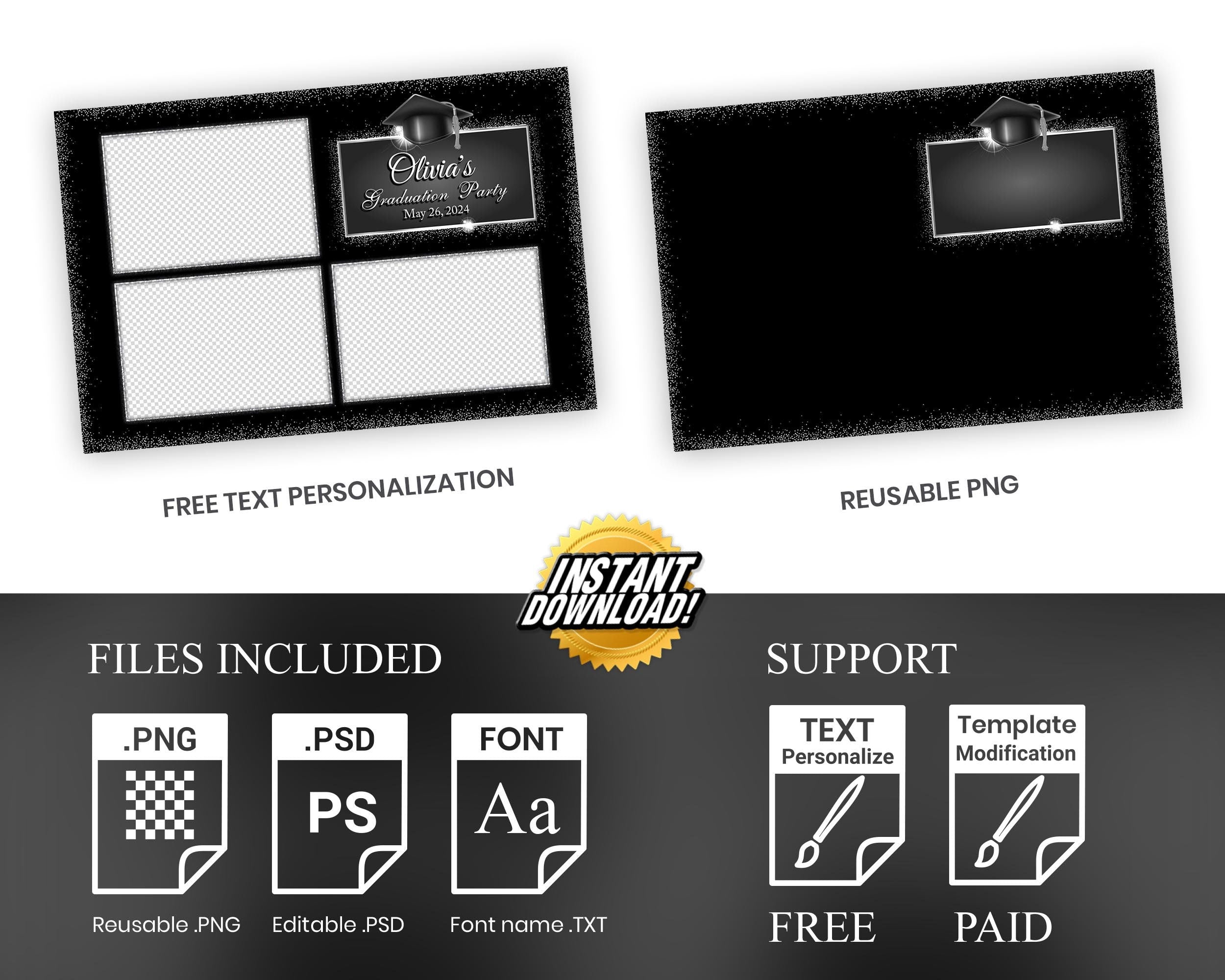 Graduation Photo Booth Template, Grad Photobooth Template, Class of, Prom, Black Silver 548