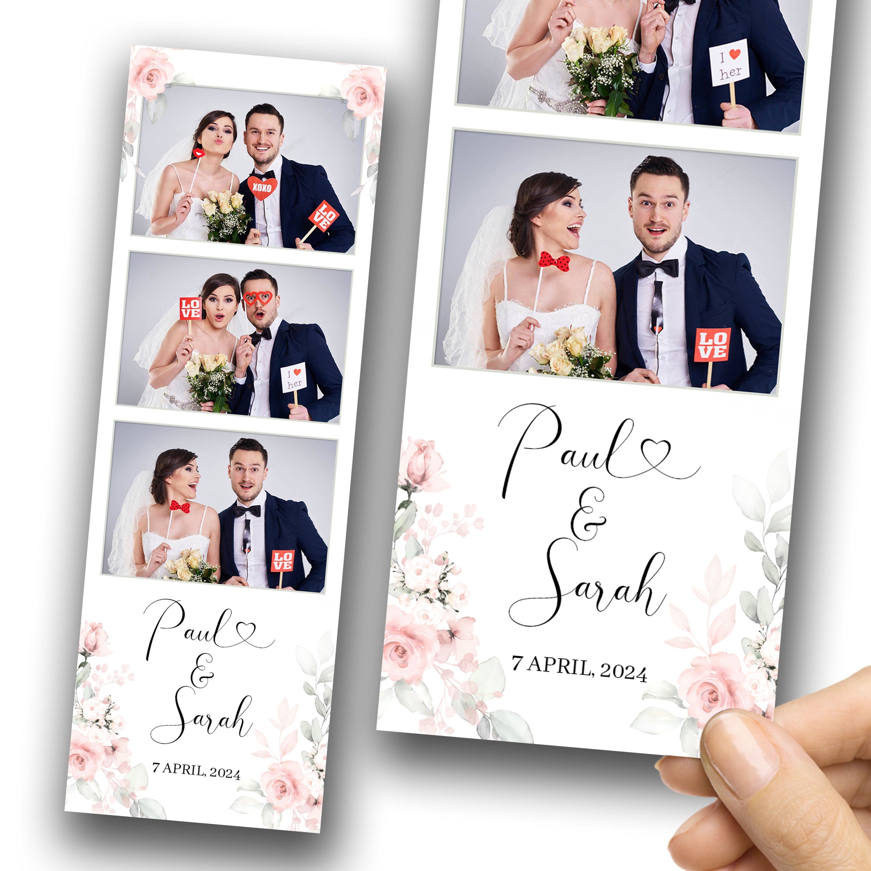 Pale Rose Floral Blue wedding floral photobooth template, Anniversary floral blush greenery and flowers text editable photo booth 1055