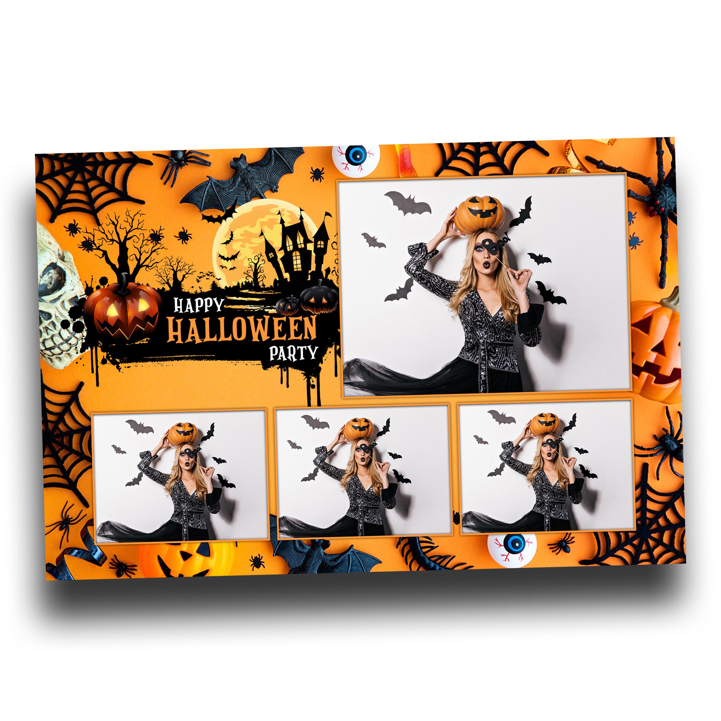 Halloween Photobooth Template 4x6 Landscape 4 photo Trick or Treat Party 2024 Orange Yellow Black Scary Pumpkin Photo Booth Template B29