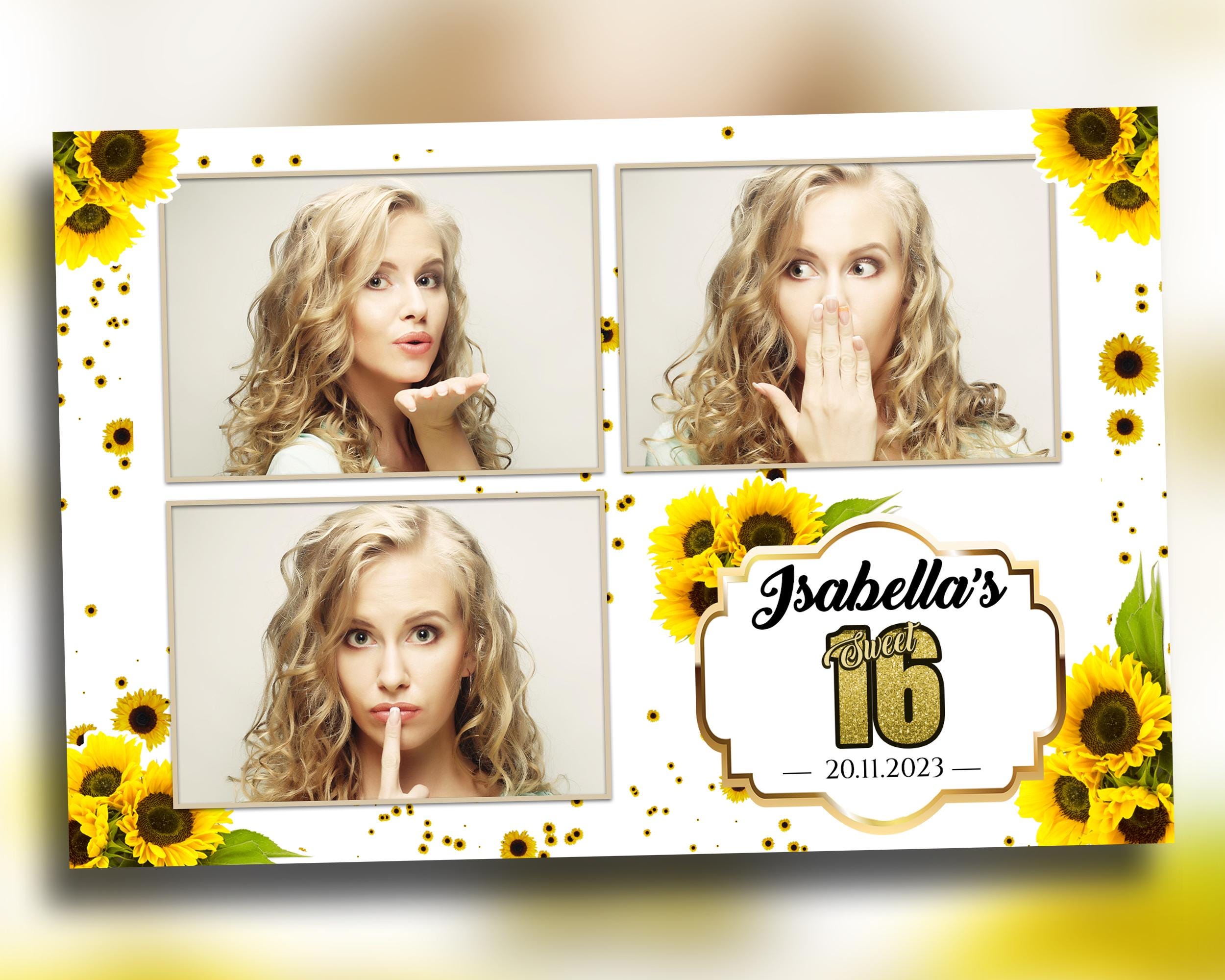 Sunflower Birthday Photobooth Template 4x6 3 shot Sweet 16 Quinceañera mirror booth template with gold glitter mis quince - layout 8 BM8