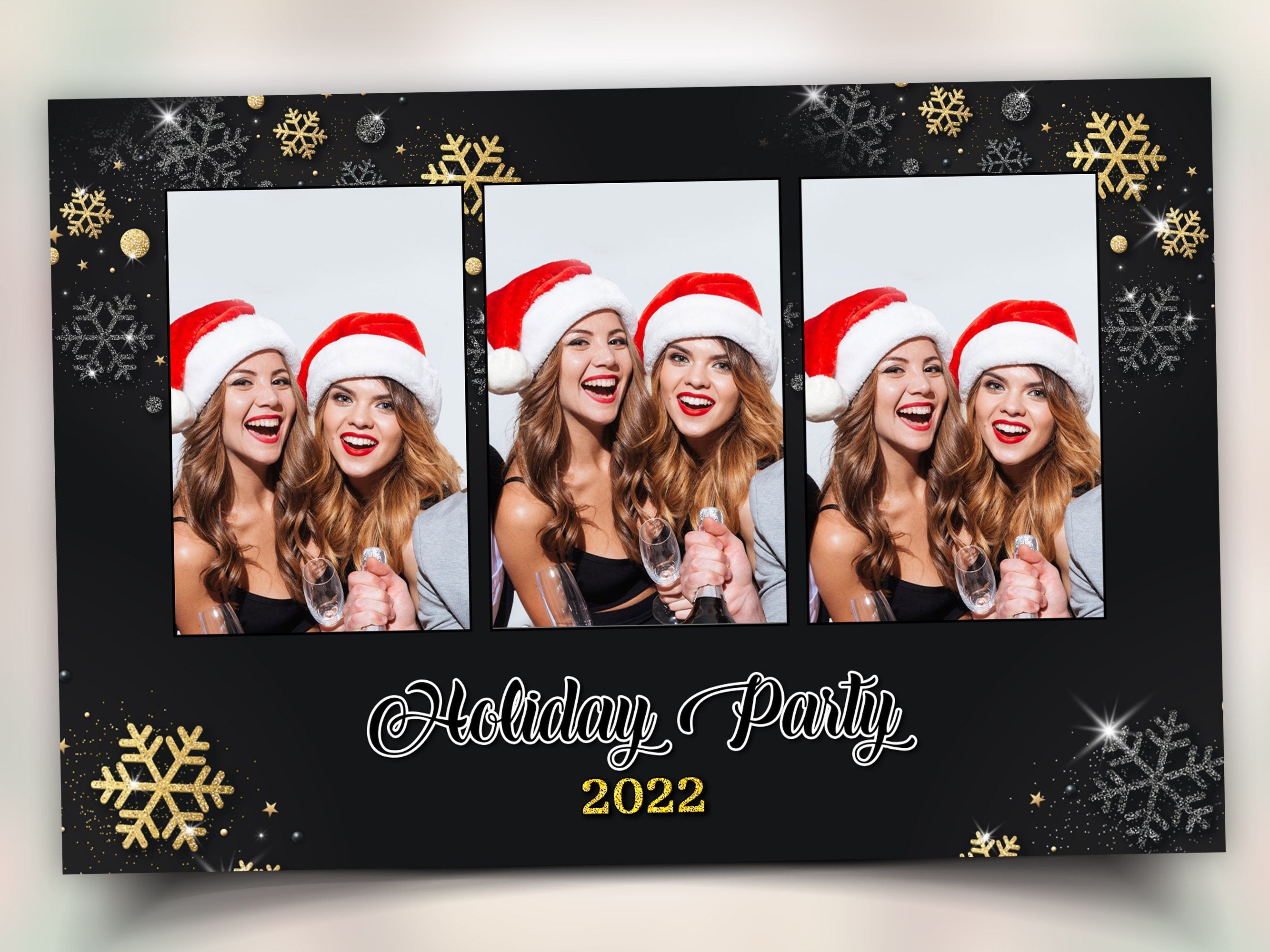 Gold Black Silver Christmas Photobooth Template 4x6 3 photo mirror booth Merry Christmas and New Year and Holiday photo booth Template