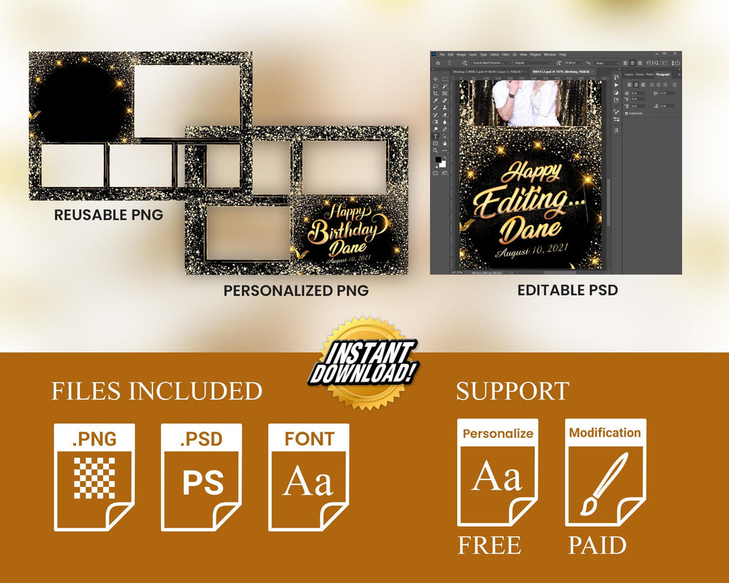 Birthday Photobooth Template 4x6 Black Gold Glitter Sparkles gold dust bday photo booth template 4 photos editable Layout 9 BM14