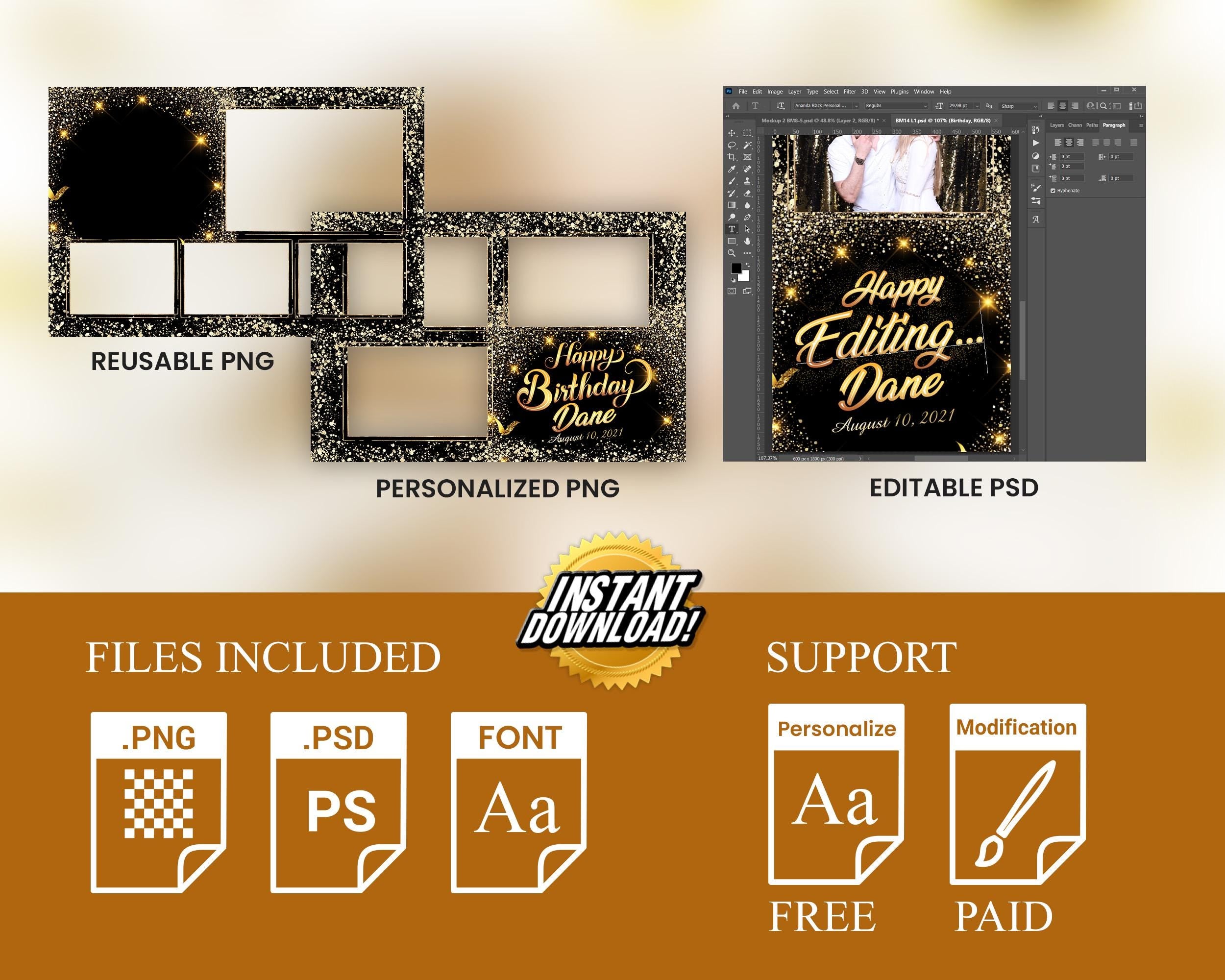 Birthday Photobooth Template 4x6 Black Gold Glitter Sparkles gold dust bday photo booth template 4 photos editable Layout 9 BM14