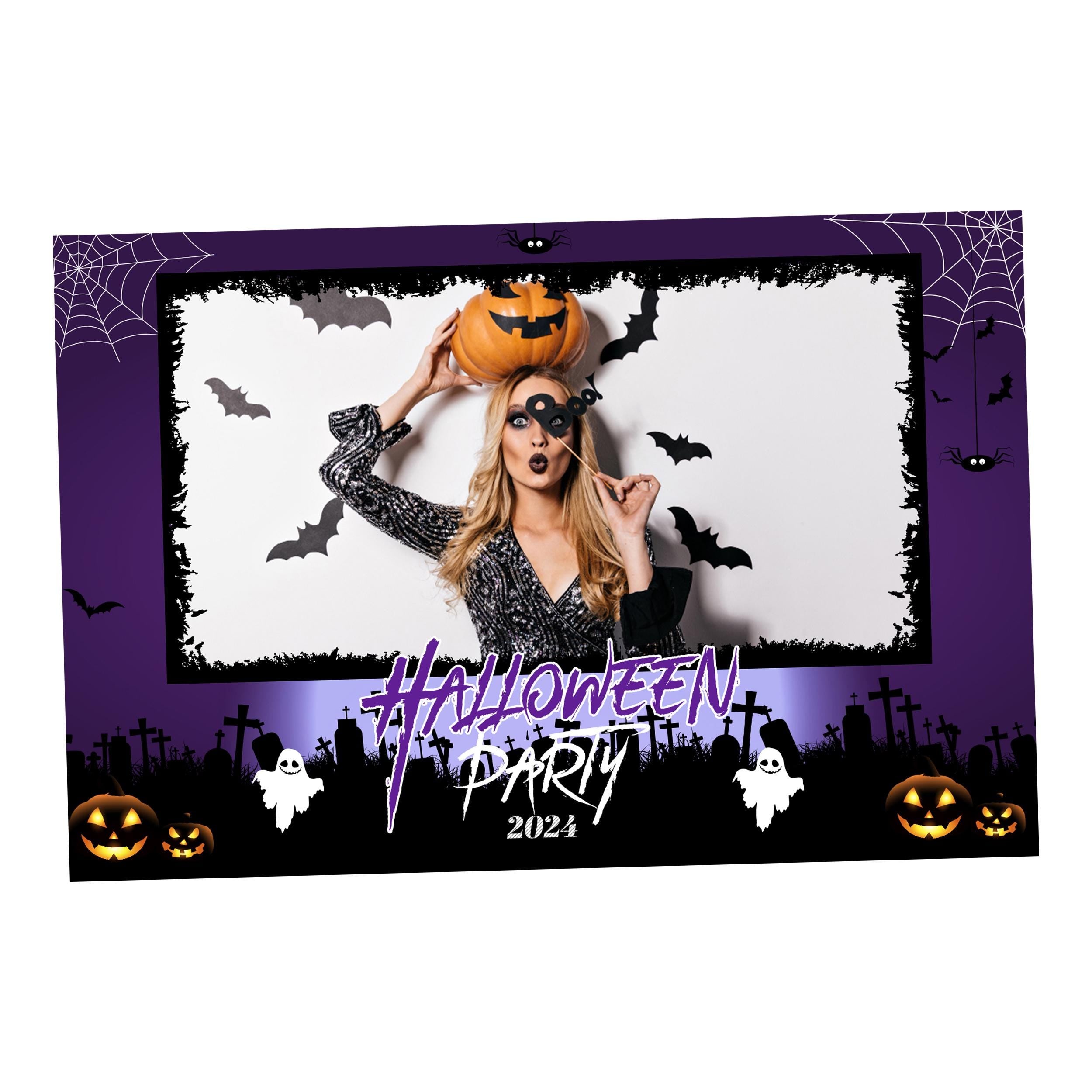 Halloween Photobooth template 4x6 single landscape purple Trick or Treat pumpkin photo booth template with scary night ghost elements TB199