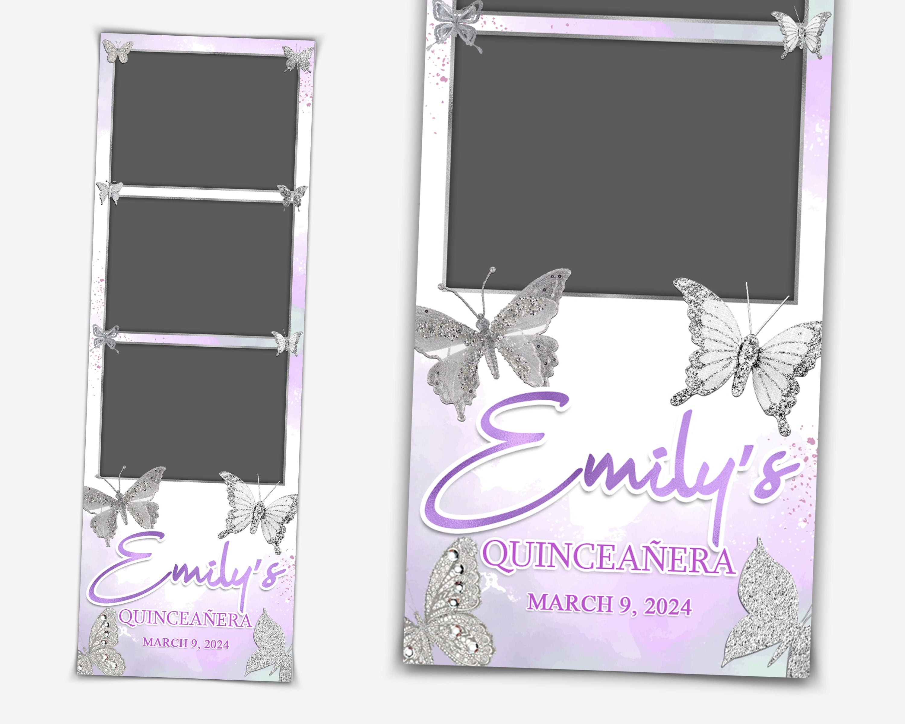 Silver Butterfly Quinceañera Sweet 16 Photobooth template 2x6 strip sweet 15 birthday Silver Quinceanera photo booth template