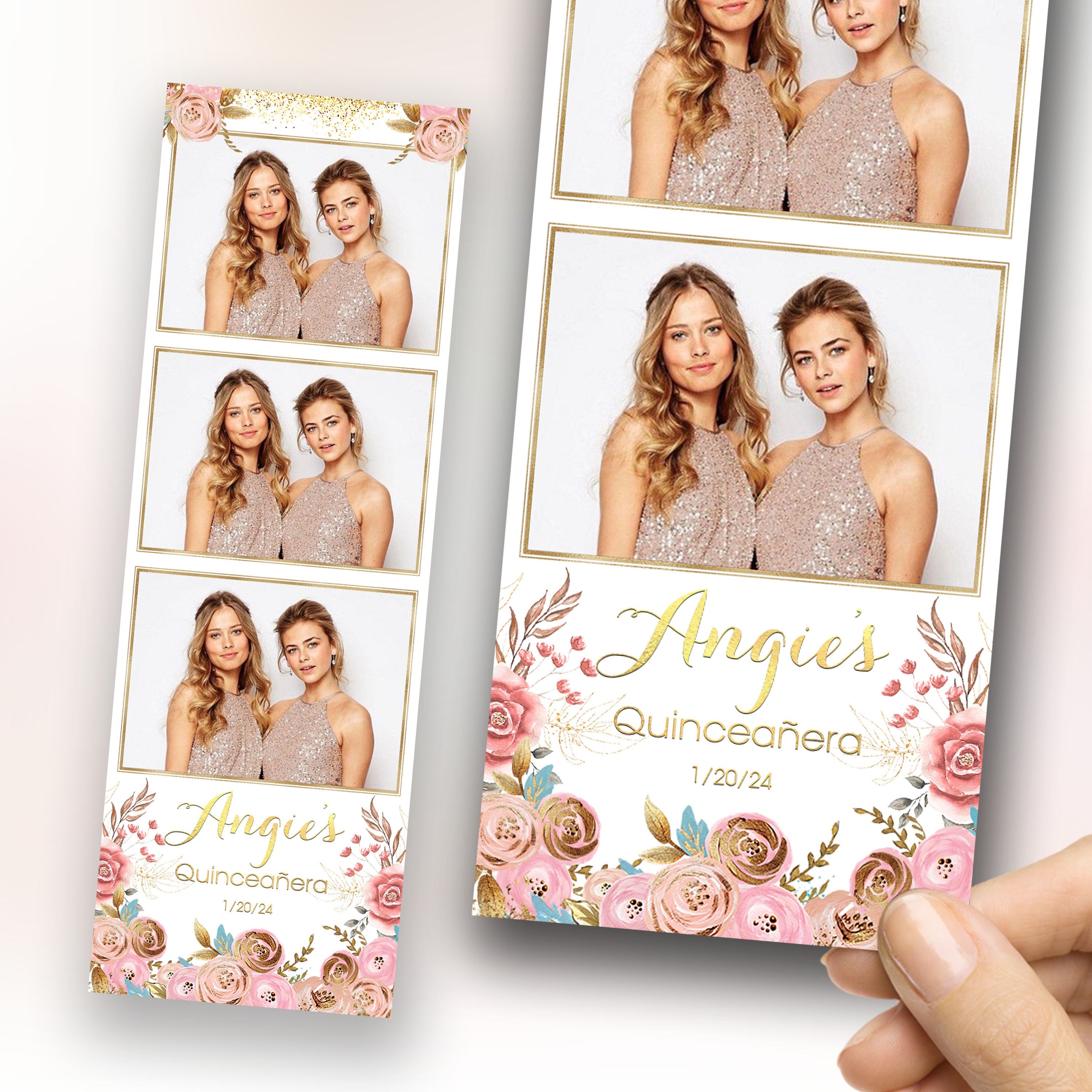 Quinceañera Photobooth template 2x6 strip Sweet 16 Birthday Rose Gold Flowers photo booth Mirror Salsa Darkroom