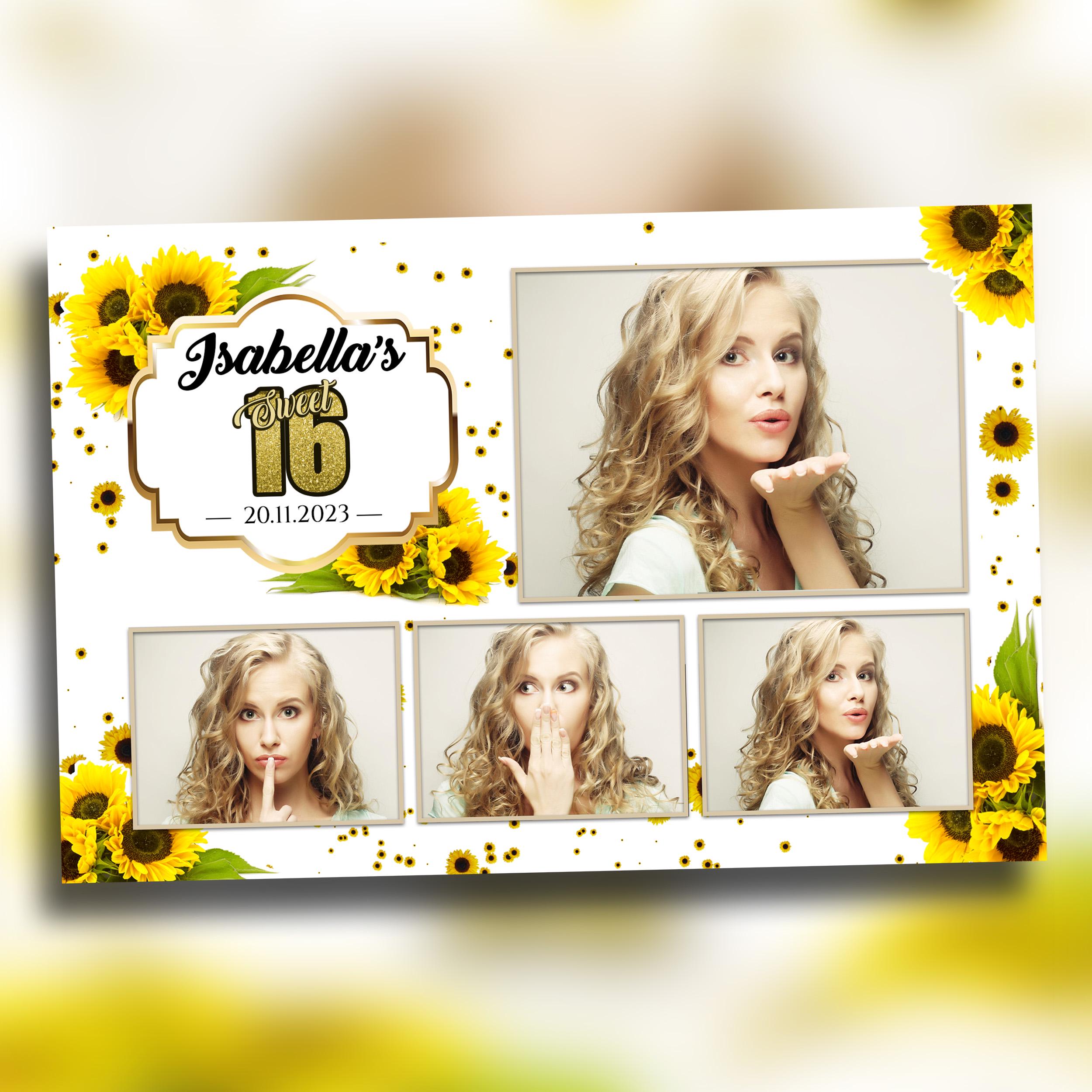 Sunflower Birthday Photobooth Template 4x6 postcard Sweet 16 Quinceañera mirror booth template with gold glitter mis quince - layout 9 BM8