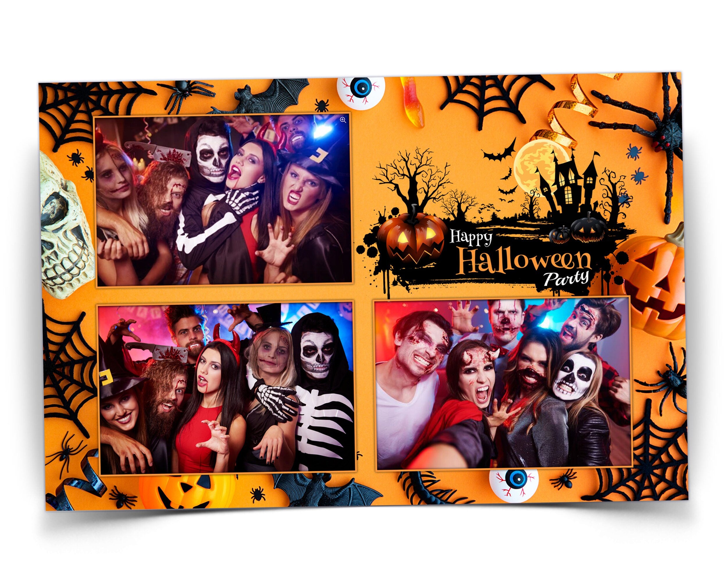 Halloween Photobooth Template 4x6 Trick or Treat Party 2024 Orange Yellow Black Photo booth Pumpkin Template postcard 3 shots PSD PNG Font
