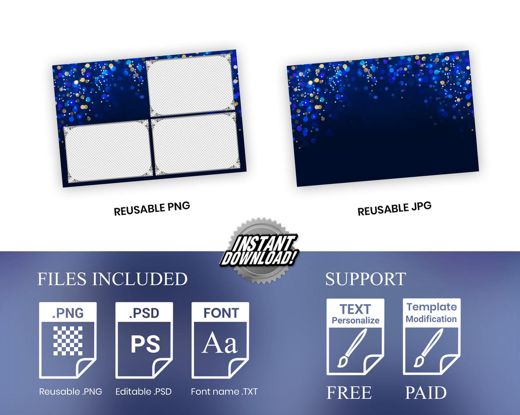 Photo Booth Template for Wedding, Birthday Photobooth, Sweet 16, Anniversary Blue 4x6 Photo Booth Overlay, Blue Black Bokeh Bday, 725