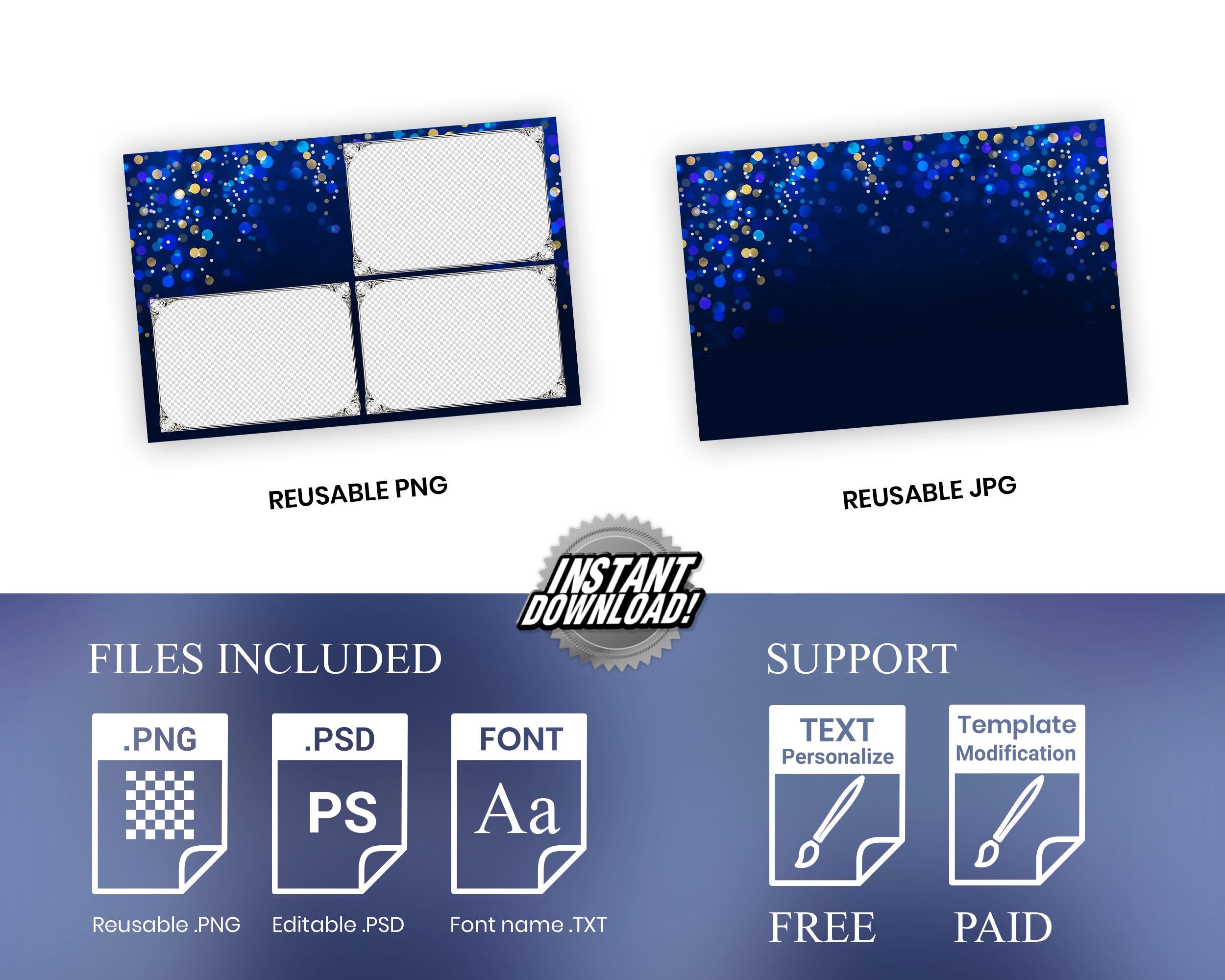 Photo Booth Template for Wedding, Birthday Photobooth, Sweet 16, Anniversary Blue 4x6 Photo Booth Overlay, Blue Black Bokeh Bday, 725