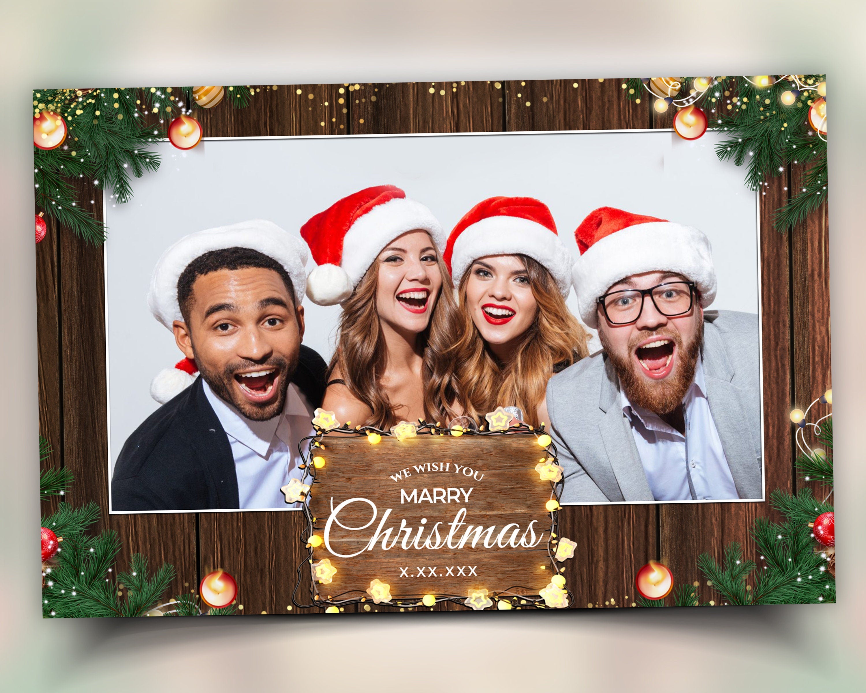 Christmas Photobooth Template 2024 Happy Holidays and New Year Wooden and Greenery with Lights 4x6 Landscape Xmas Photo booth Template CM4