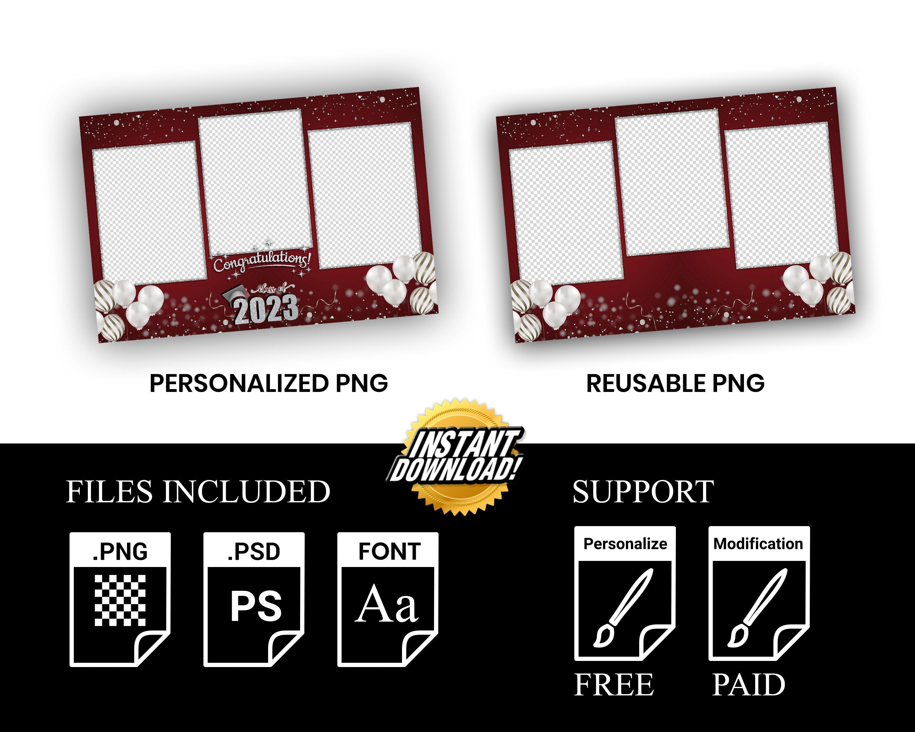 Class of 2023 Black & Gold Graduation Photobooth Template Stylish Elegant 4x6 Mirror Booth Triple shot photo booth template PSD PNG Fonts