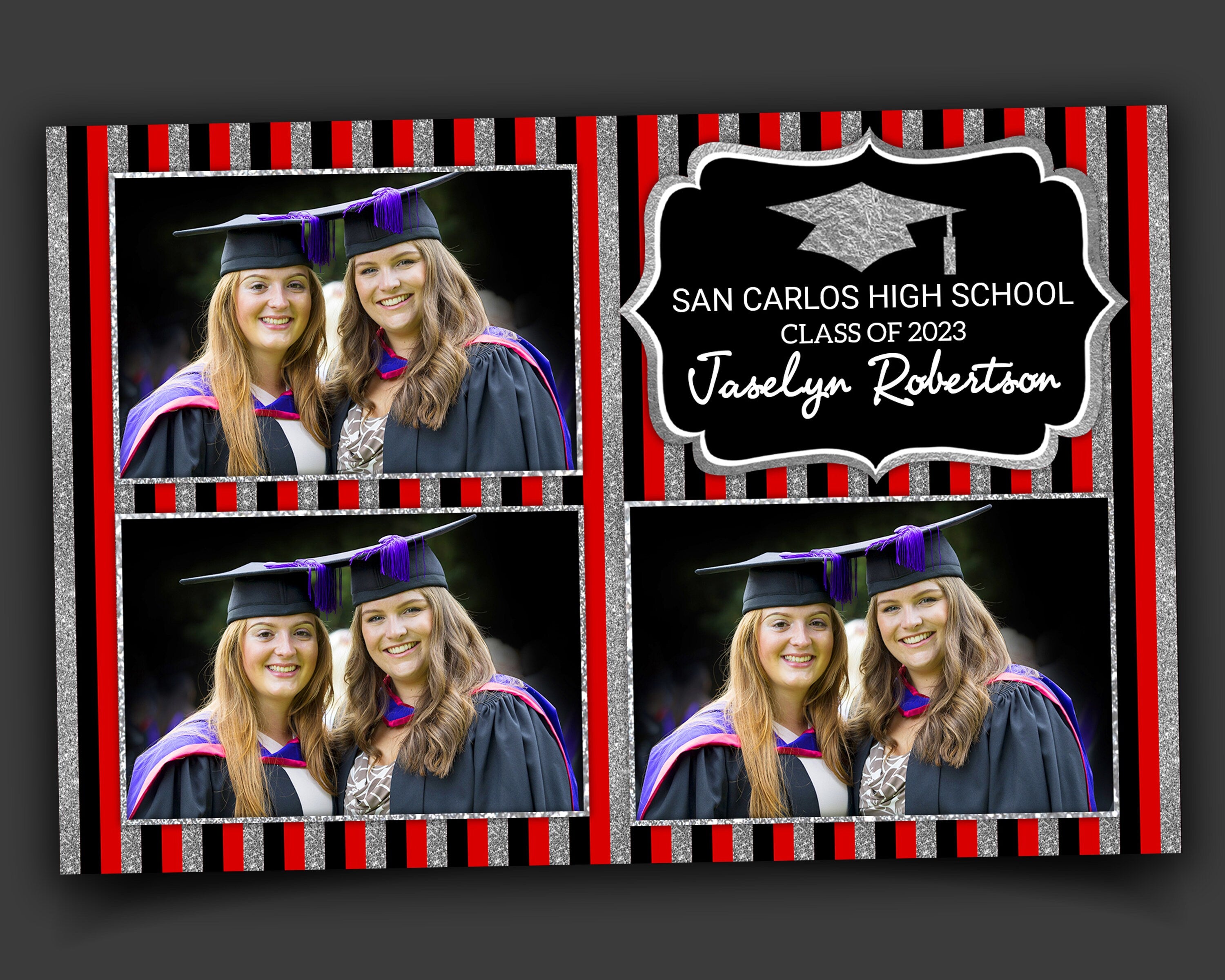 Graduation Celebration Party Photobooth Template Class of 2023 Silver Glitter Black Red Prom photo booth template Grad