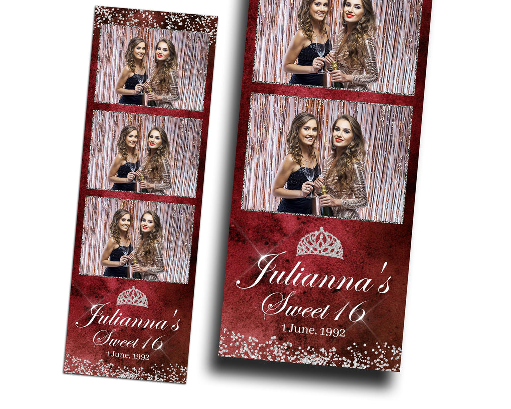 Sweet 16 Quinceañera Birthday Photobooth Template 2x6 strip Maroon Color Silver Stars Glitter with Crown Mis Quince S2