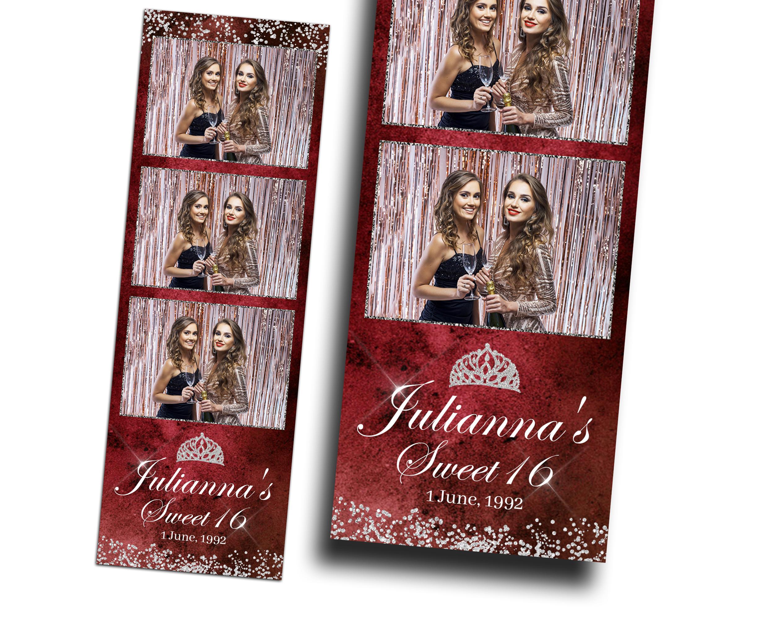 Sweet 16 Quinceañera Birthday Photobooth Template 2x6 strip Maroon Color Silver Stars Glitter with Crown Mis Quince S2