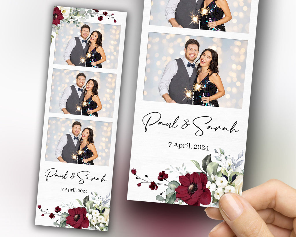 Wedding photobooth template, Anniversary photo booth, Bridal shower, 2x6 strip, Burgundy floral, Burgundy flowers, Rose, Greenery 1059