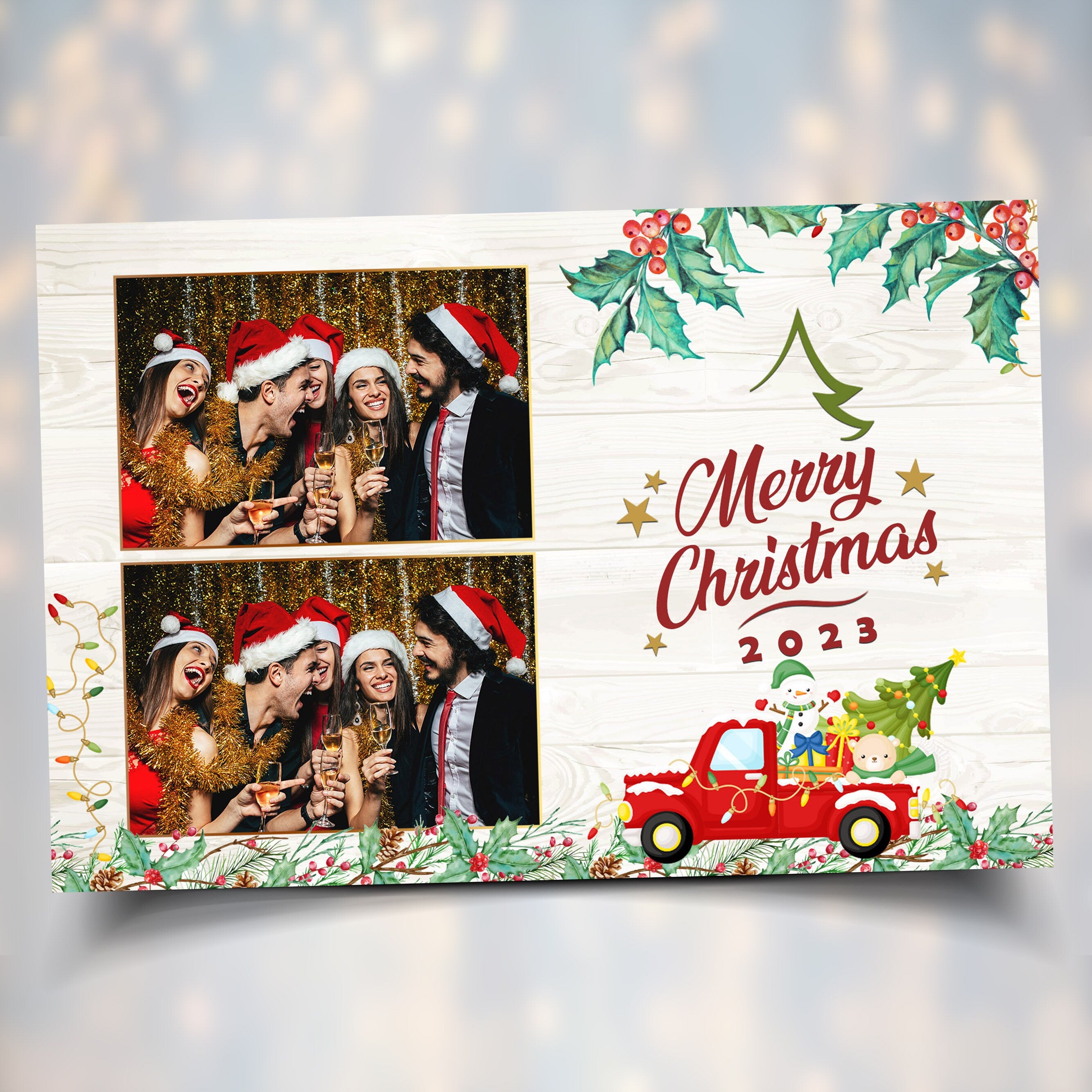 Christmas Truck Photo Booth Template, Merry Christmas and New Year 2024 Xmas 4x6 Postcard Layout 2 Photo Photobooth Template