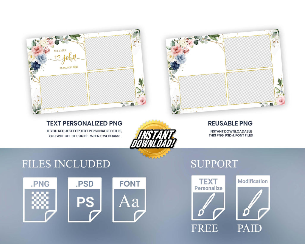 Wedding floral photobooth template, Anniversary floral blush greenery, and flowers, Gold geometric text editable photo booth 1054
