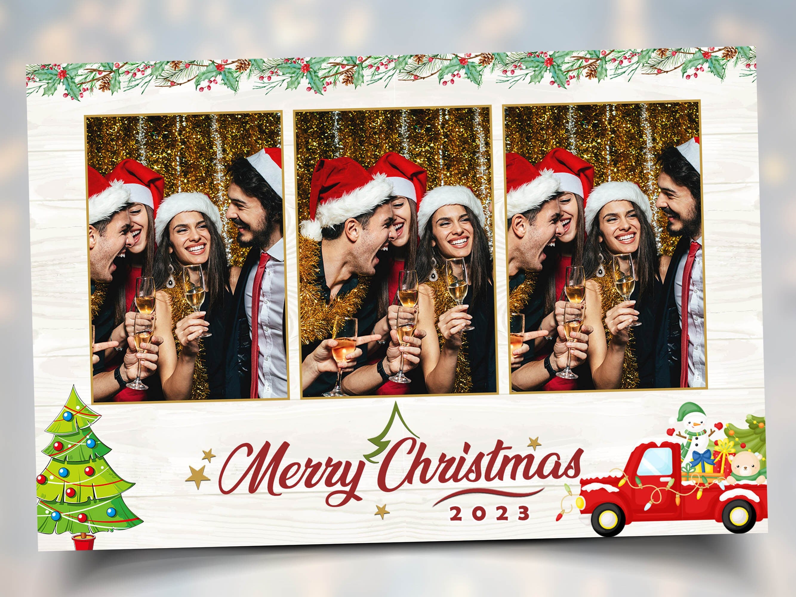 Christmas Truck Photo Booth Template, Merry Christmas and New Year 2024 Xmas 4x6 Landscape 3 Portrait Photo Mirror Booth Photobooth Template