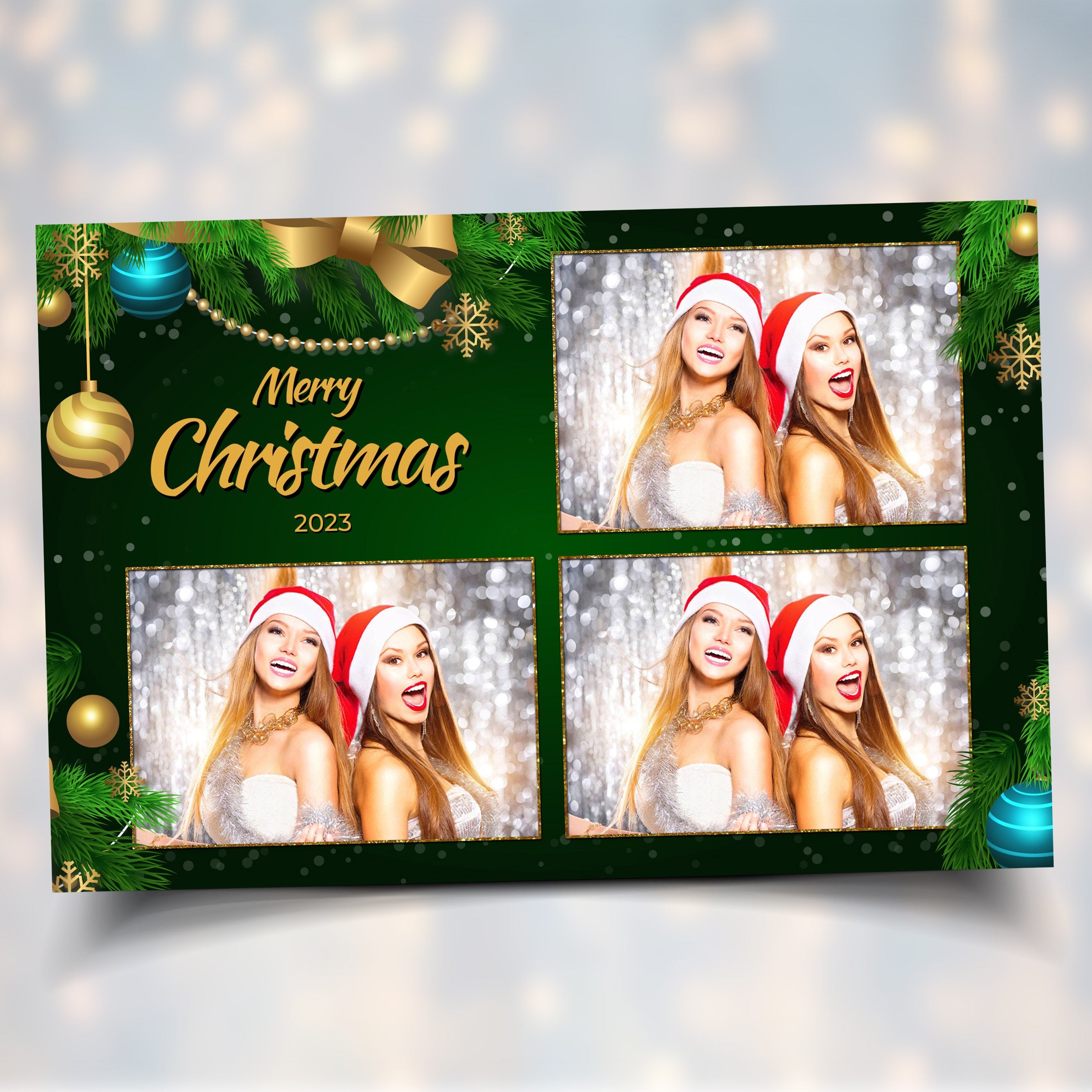 Christmas Photo Booth Template Holiday Party 2024 Green Gold xmas corporate holiday Party Photobooth 4x6 landscape 3 Photo layout CM5