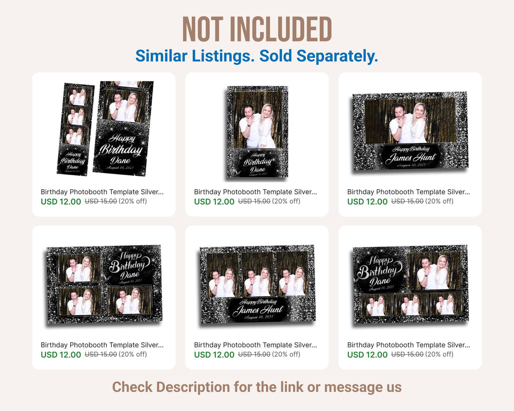 Birthday Photo Booth Template 2x6 Strip Black Silver Glitter and sparkles Elegant Photobooth Template 3 photo and 4x6 dual strip setup BM15