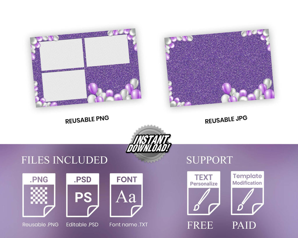 Purple Birthday Photo Booth Template, Sweet 16, Mis Quince Photobooth Template, Quinceanera, XV, Bday, Balloon, Quinceañera