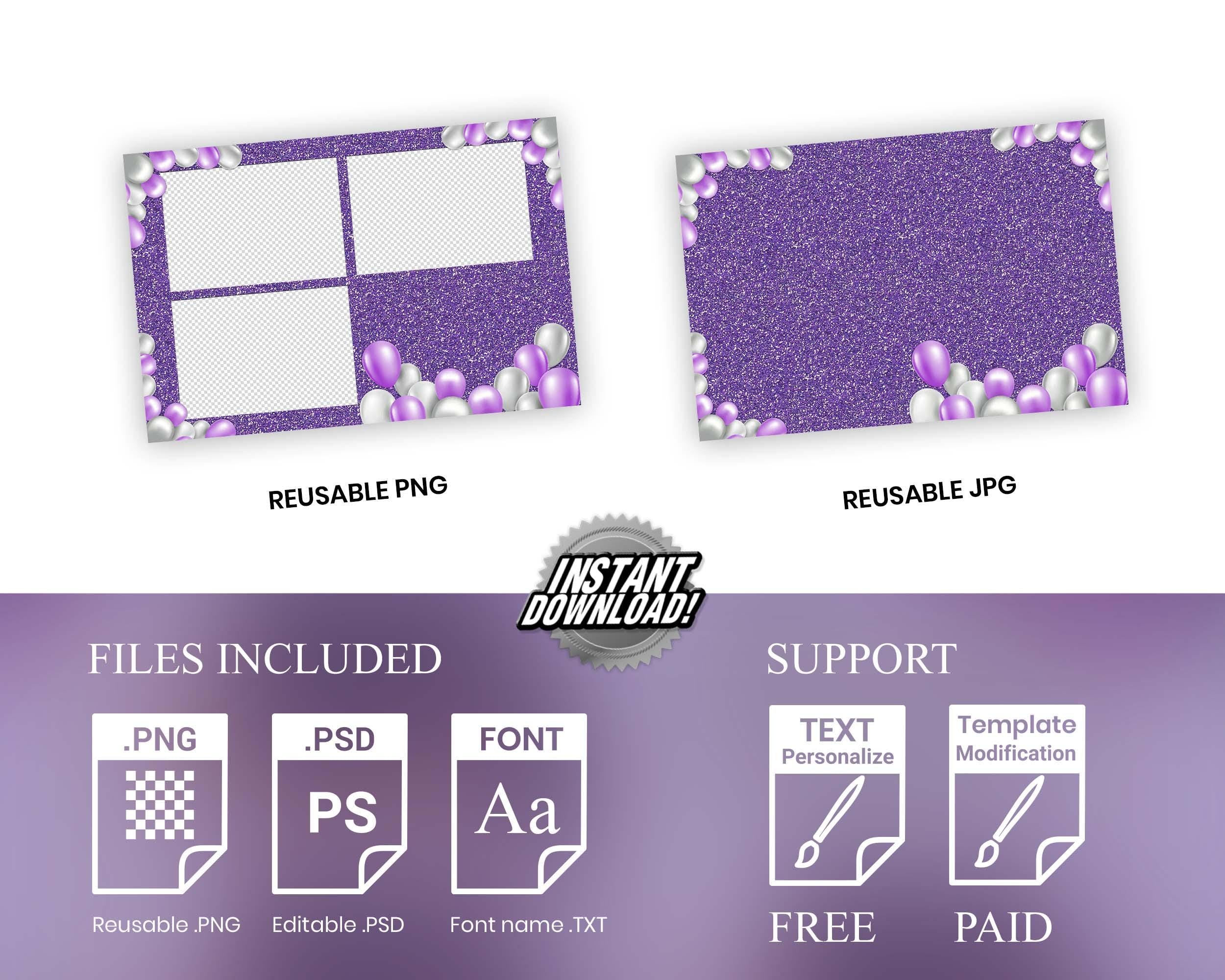 Purple Birthday Photo Booth Template, Sweet 16, Mis Quince Photobooth Template, Quinceanera, XV, Bday, Balloon, Quinceañera