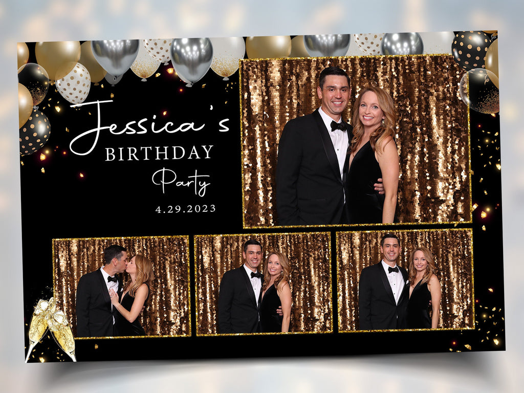 Birthday Photobooth Template Black Gold and Silver balloons 4x6 Landscape Postcard Layout 4 photo shot Sweet 16 Photo Booth Template BM2