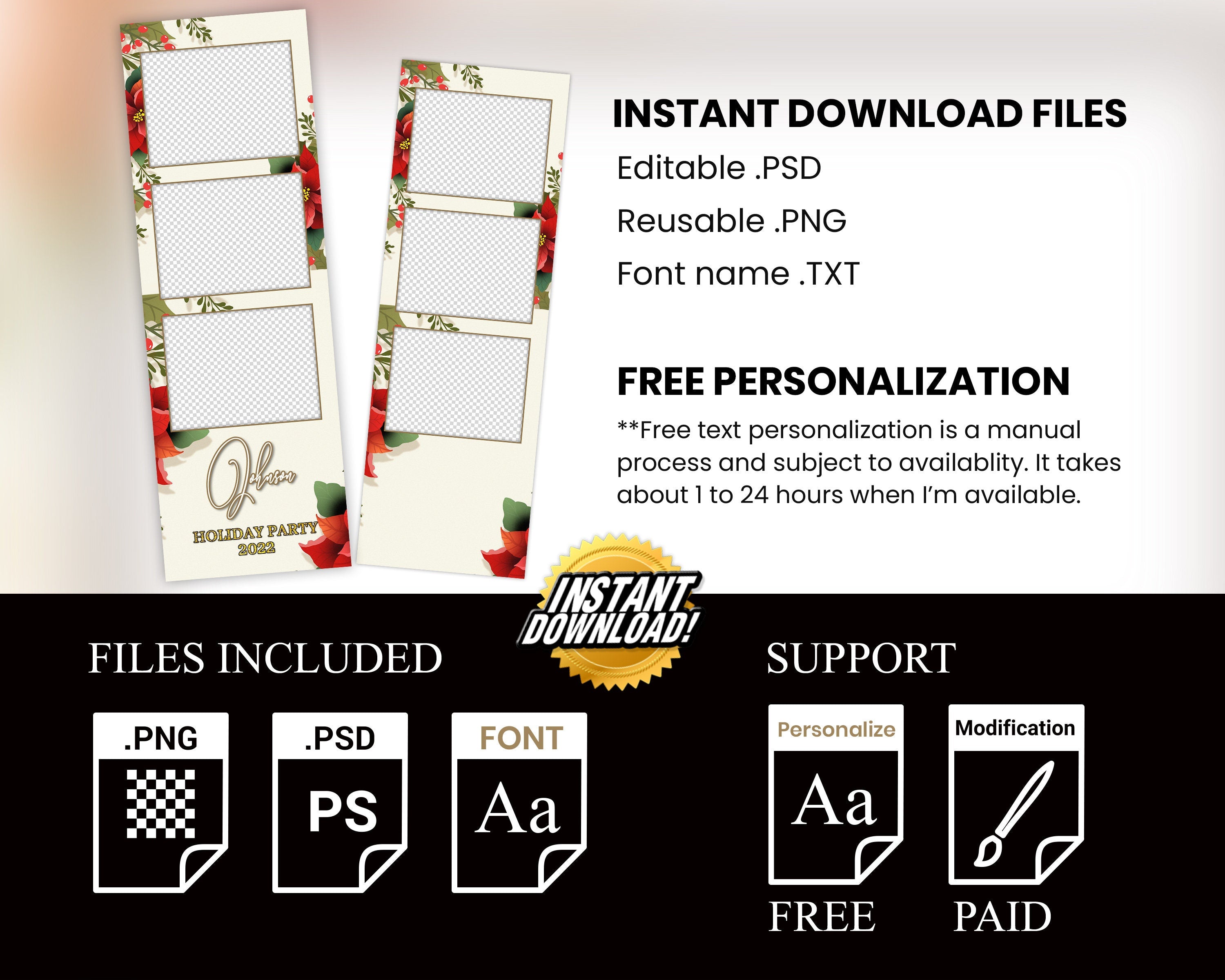 Christmas Photobooth Template Merry Christmas and New Year Strip Winter Wonderland and Holiday Photobooth Template Gold Black Silver 2x6