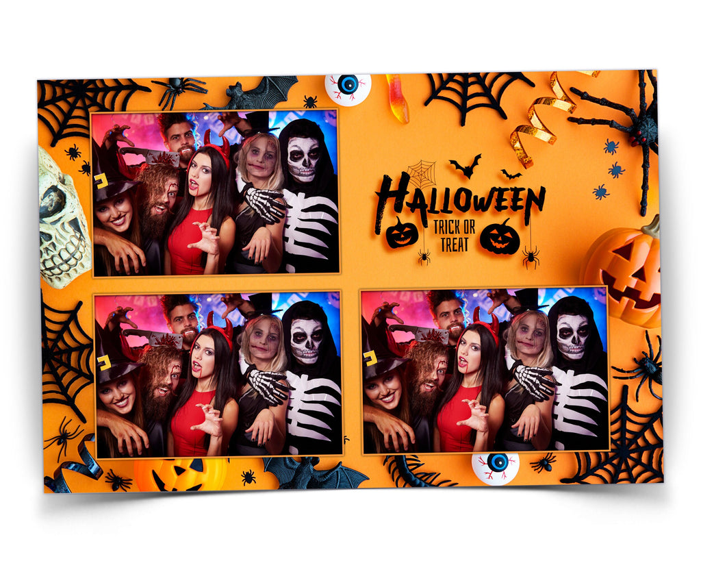 Halloween Photobooth Template 4x6 Trick or Treat Party 2024 Orange Yellow Black Photo booth Pumpkin Template postcard 3 shots PSD PNG Font