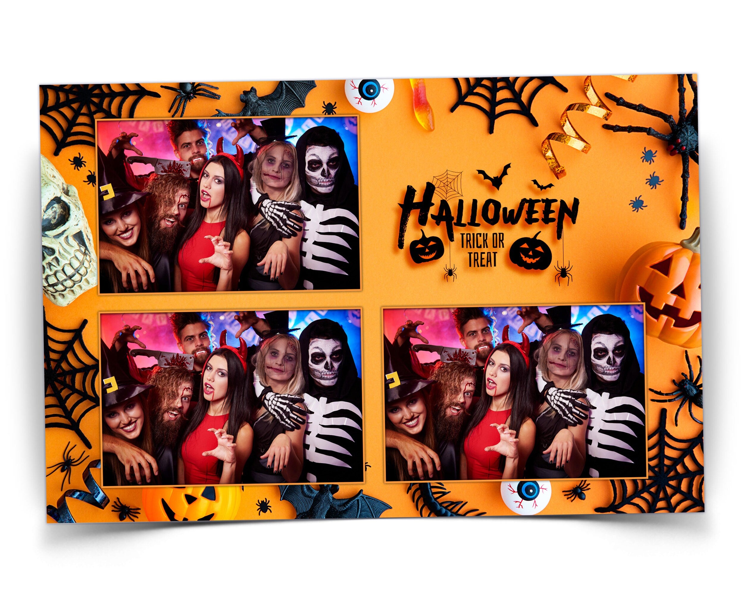 Halloween Photobooth Template 4x6 Trick or Treat Party 2024 Orange Yellow Black Photo booth Pumpkin Template postcard 3 shots PSD PNG Font