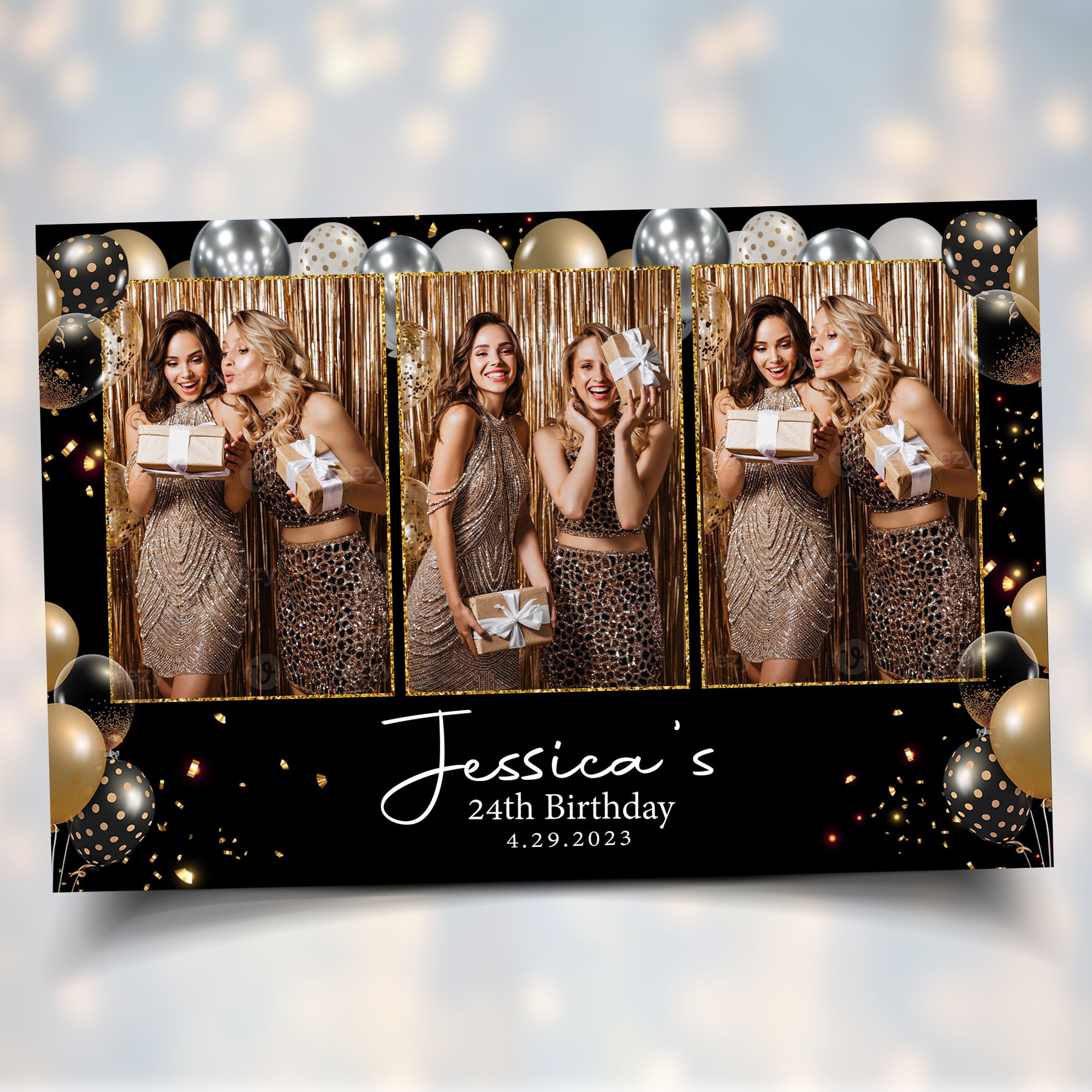Birthday Photobooth Template Black Gold and Silver balloons 4x6 Landscape Mirror Booth portrait 3 photo Sweet 16 Photo Booth Template BM2