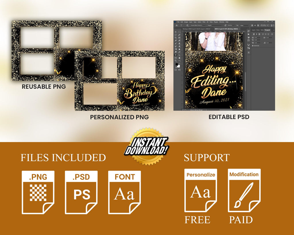 Birthday Photobooth Template 4x6 Black Gold Glitter Sparkles gold dust bday photo booth template 3 photo editable Layout 8 BM14