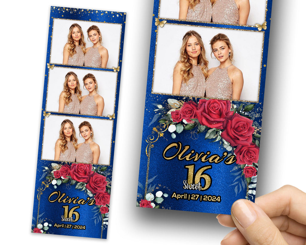 Sweet 16 Photobooth Template, Quinceanera Photo Booth, Birthday Photobooth, Quinceañera, 2x6 Strip, Red Flower, Butterfly, Blue 1105