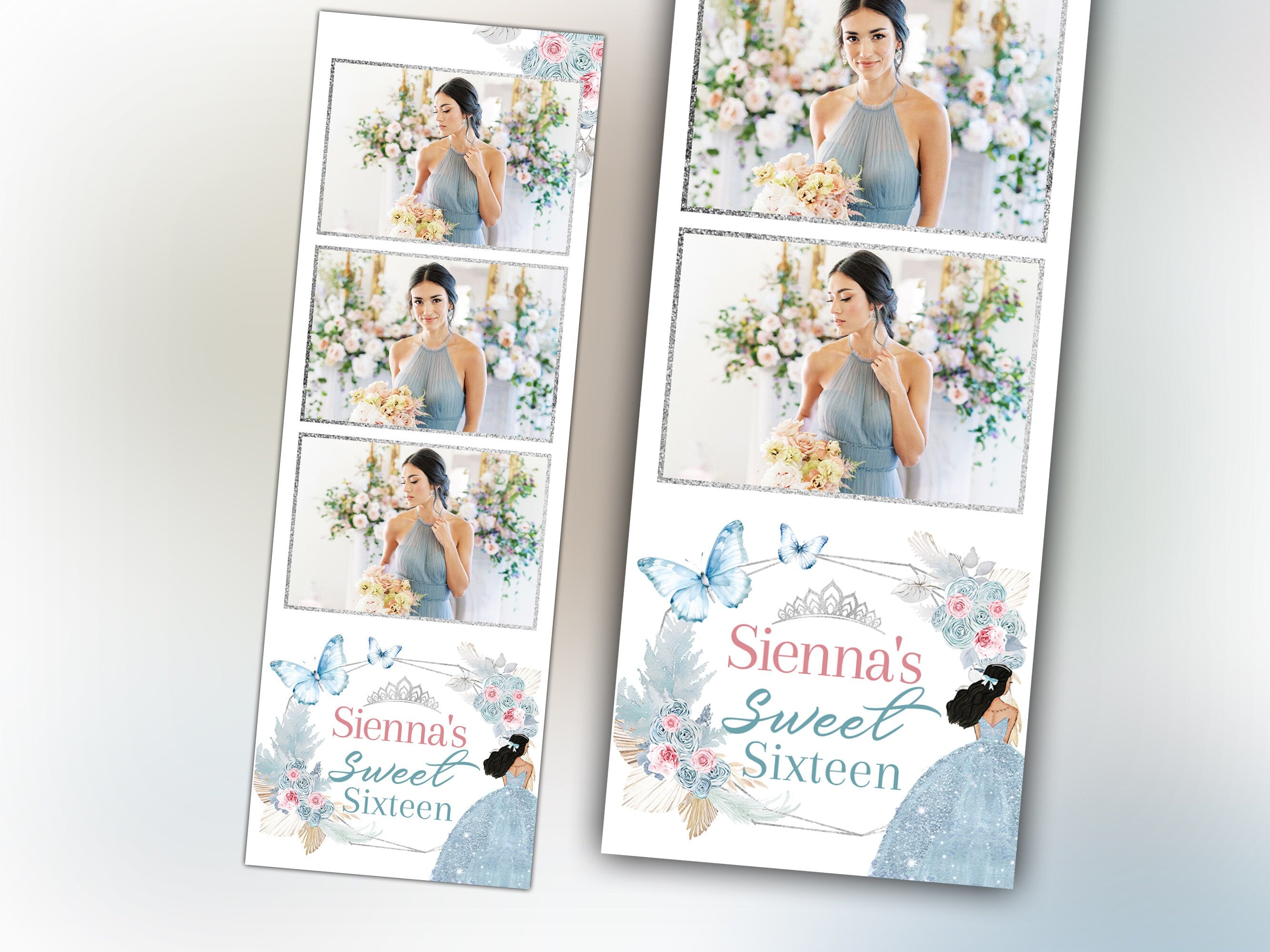 Birthday Sweet Sixteen Photobooth Template in Light Blue baby blue and silver Sweet 16, Quinceanera, Wedding Photo Booth 2x6 Stripe Template